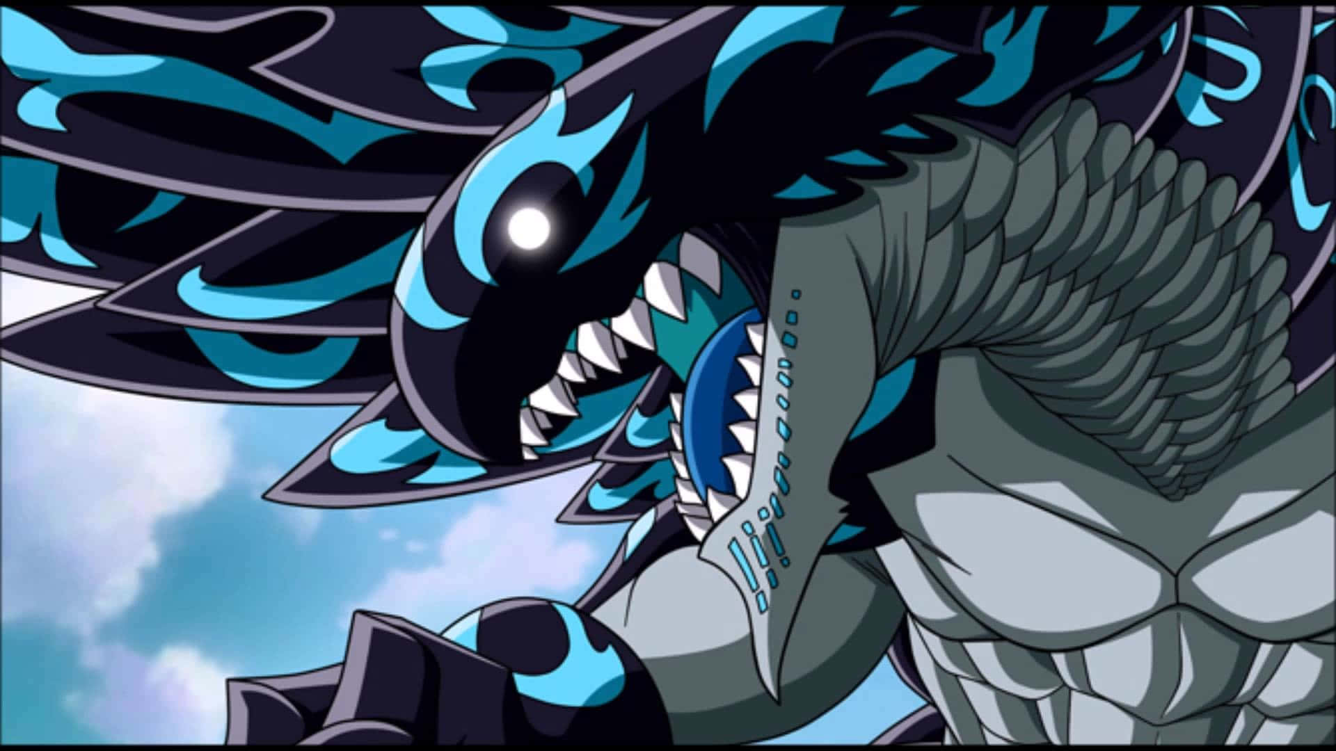 Acnologia 桌布 壁紙 — 一隻帶有發光藍色火焰和尖銳牙齒的威嚇性動漫龍在陰雲密佈的天空中咆哮。