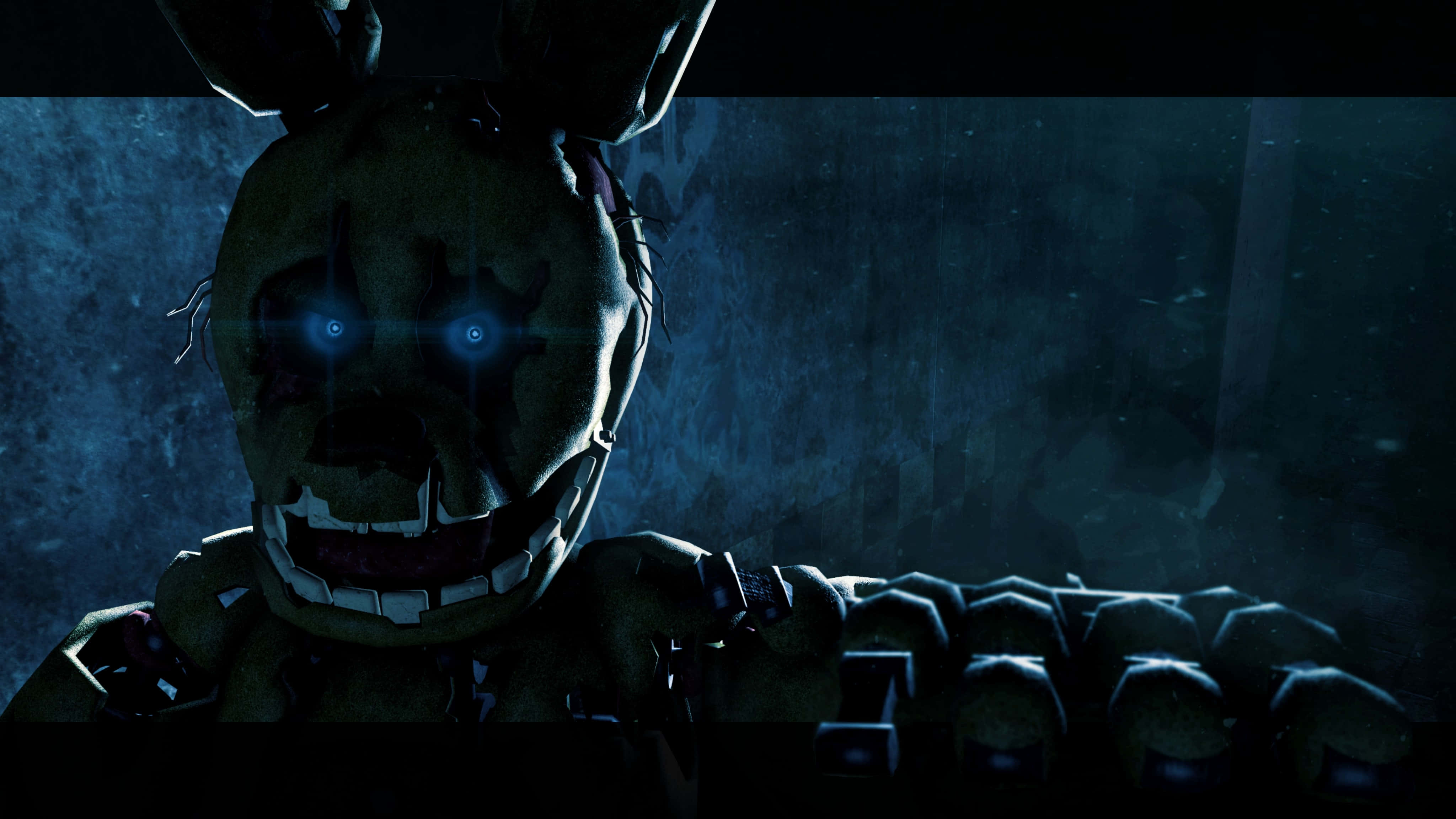 Springtrap 桌布 壁紙 — 一隻帶有發光藍色眼睛的威脅性電子動畫兔子，在黑暗、骯髒的工業環境中若隱若現。