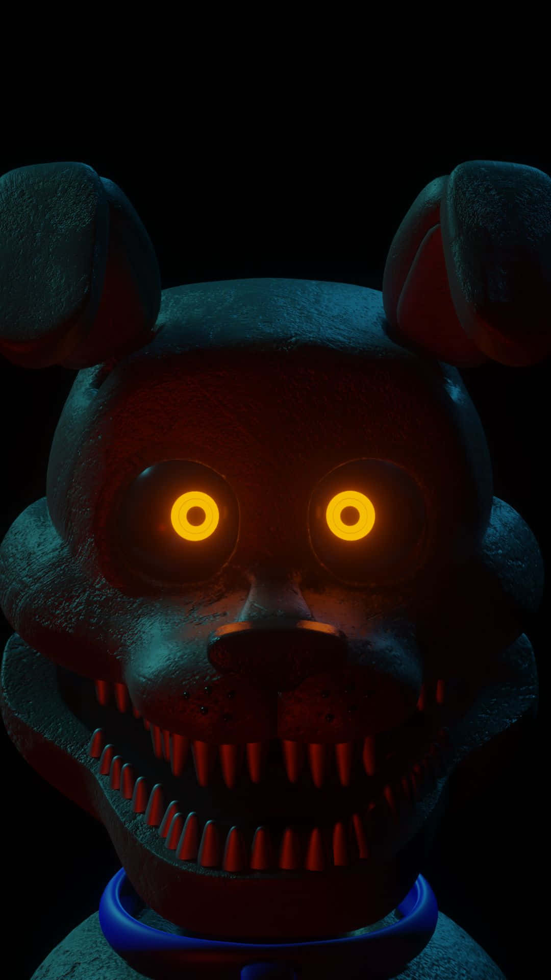 Fnaf Jumpscare 桌布 壁紙 — 一隻帶有發光黃色眼睛和尖銳牙齒的威脅性電子熊從黑暗中凝視。