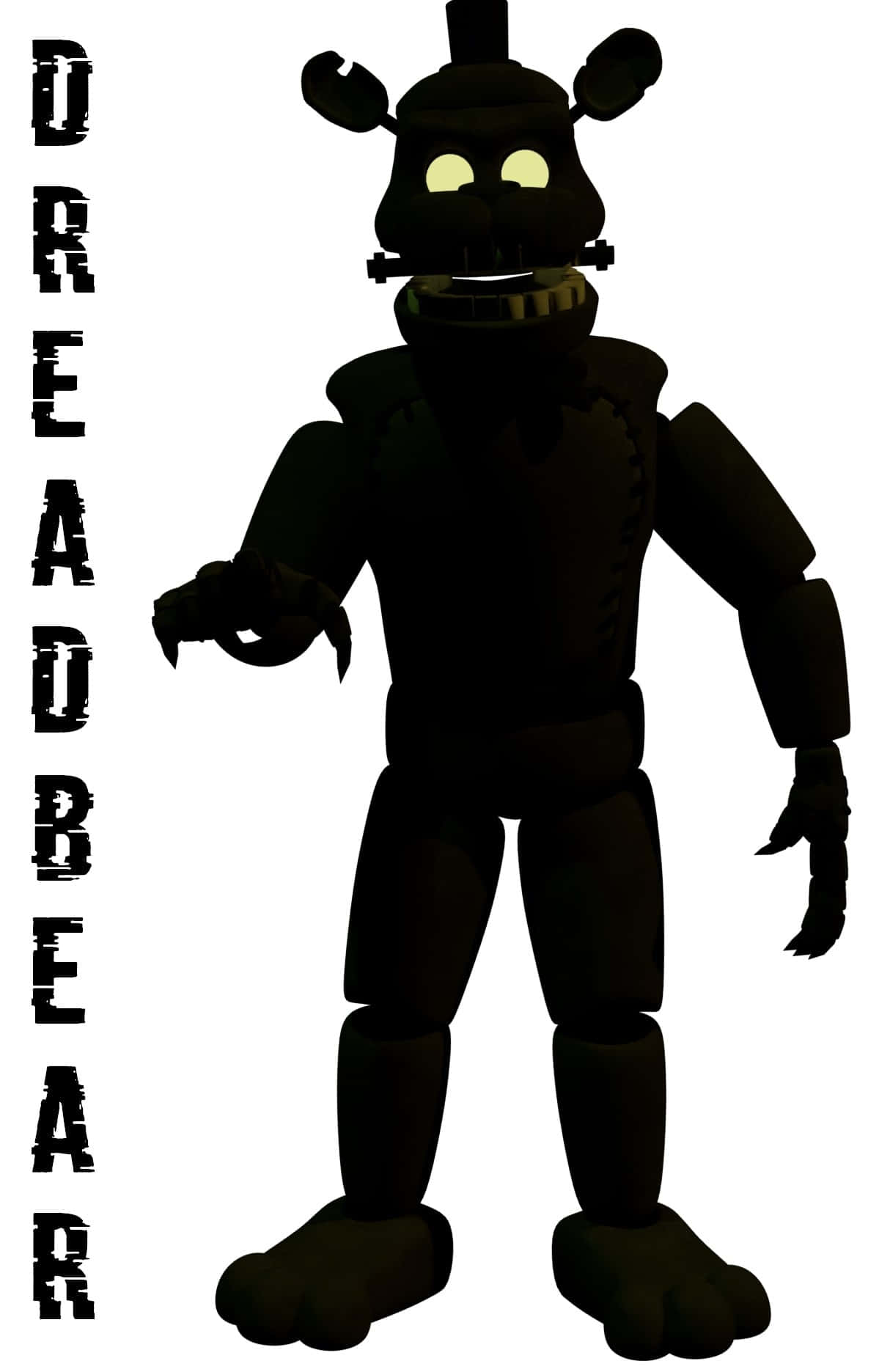 Dreadbear 桌布 壁紙 — 一隻帶有發光黃色眼睛和鋒利爪子的黑色機械熊，站在純白色背景前，顯得十分兇猛。