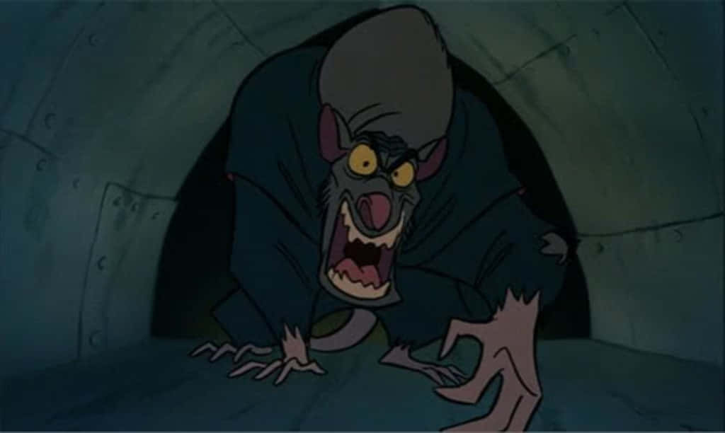 The Great Mouse Detective 桌布 壁紙 — 一隻帶有發光黃色眼睛和鋒利牙齒的威脅性動畫老鼠在黑暗隧道中向前猛撲。