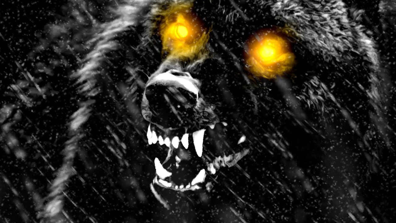 Wolf Attack 桌布 壁紙 — 一隻帶有發光黃色眼睛的威脅性黑熊在猛烈暴風雪中咆哮，露出牙齒對抗飄落的雪花。