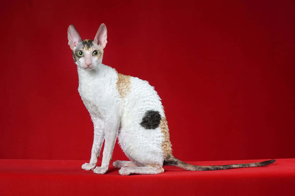 Cornish Rex 桌布 壁紙 — 一隻帶有白色和棕色斑塊的時尚康沃爾雷克斯貓，在鮮紅色背景下優雅地坐在紅色表面上。