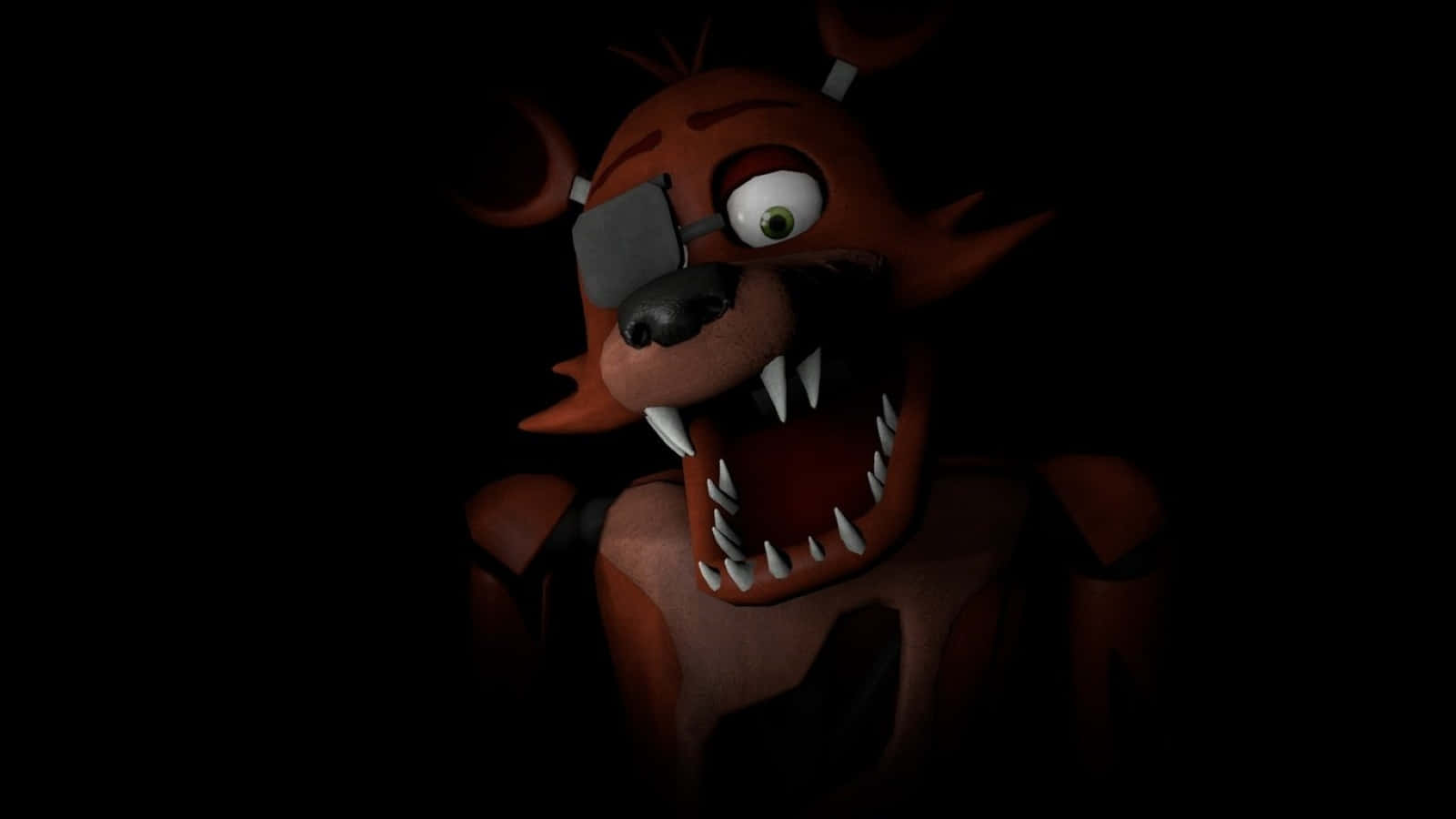 Foxy The Pirate 桌布 壁紙 — 一隻帶有眼罩和尖牙的威脅性機械狐狸在黑暗中凝視。