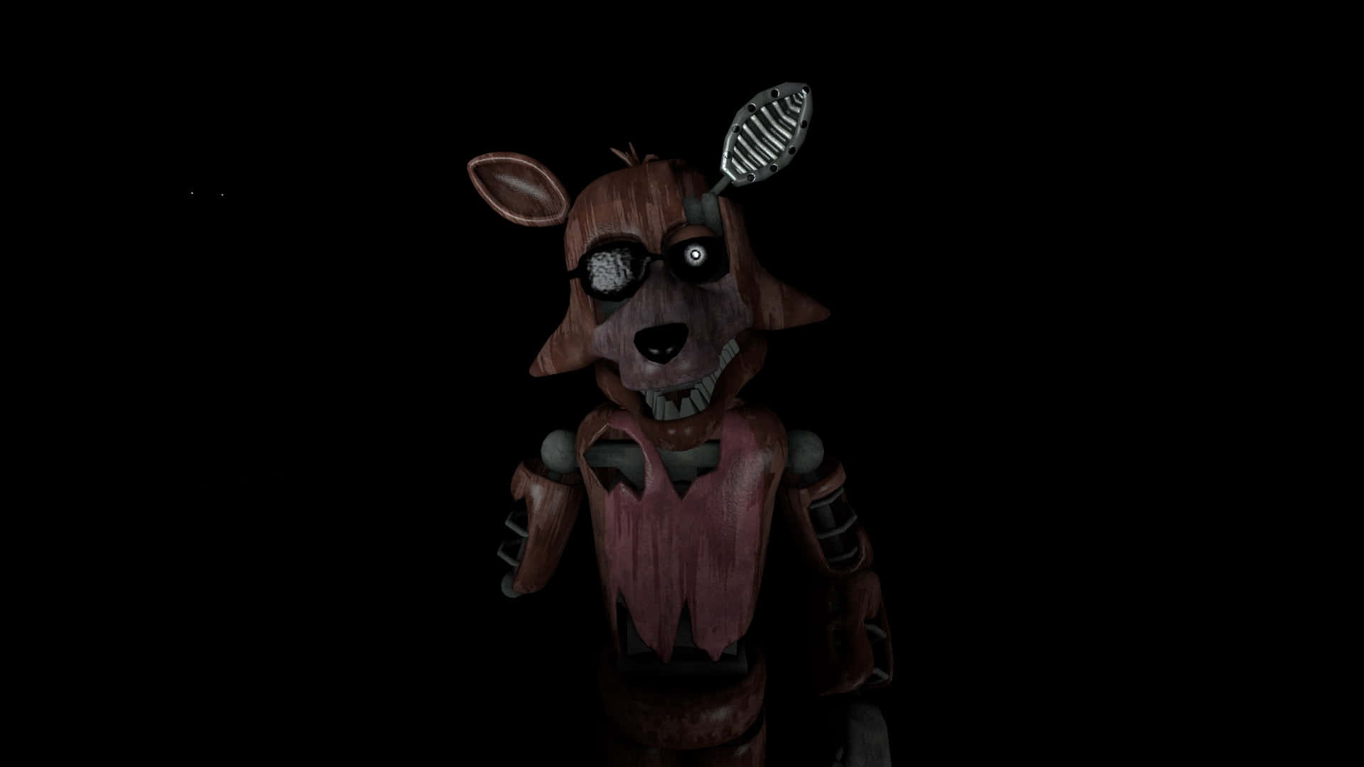 Fnaf Jumpscare 桌布 壁紙 — 一隻帶有破損眼睛和金屬刀片從頭部伸出的威脅性電子動畫狐狸站在黑暗中。