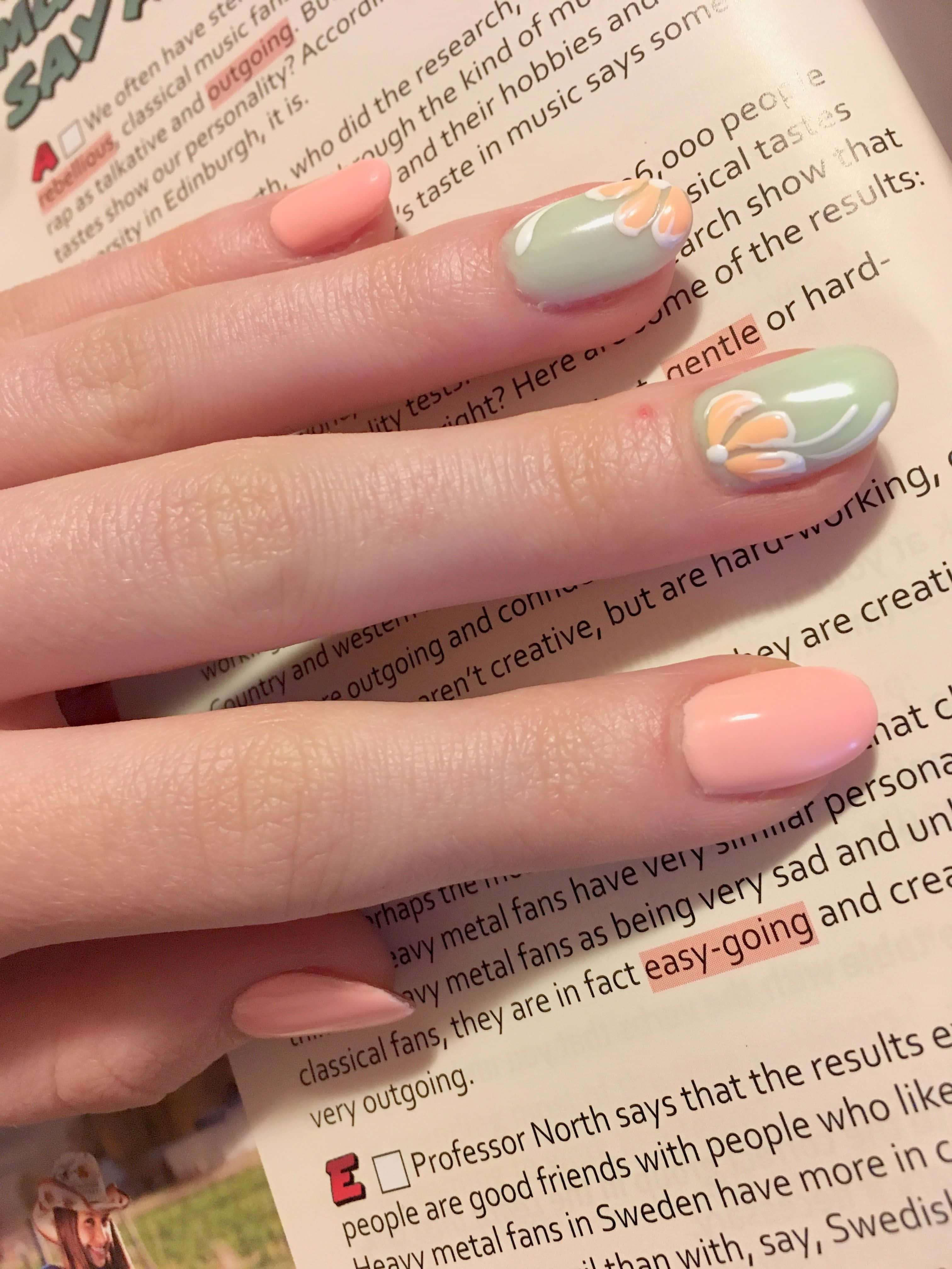 Spring Nails 桌布 壁紙 — 一隻帶有粉彩粉紅和薄荷綠花卉指甲藝術的手輕輕放在一份帶有突出文字的印刷問卷上。