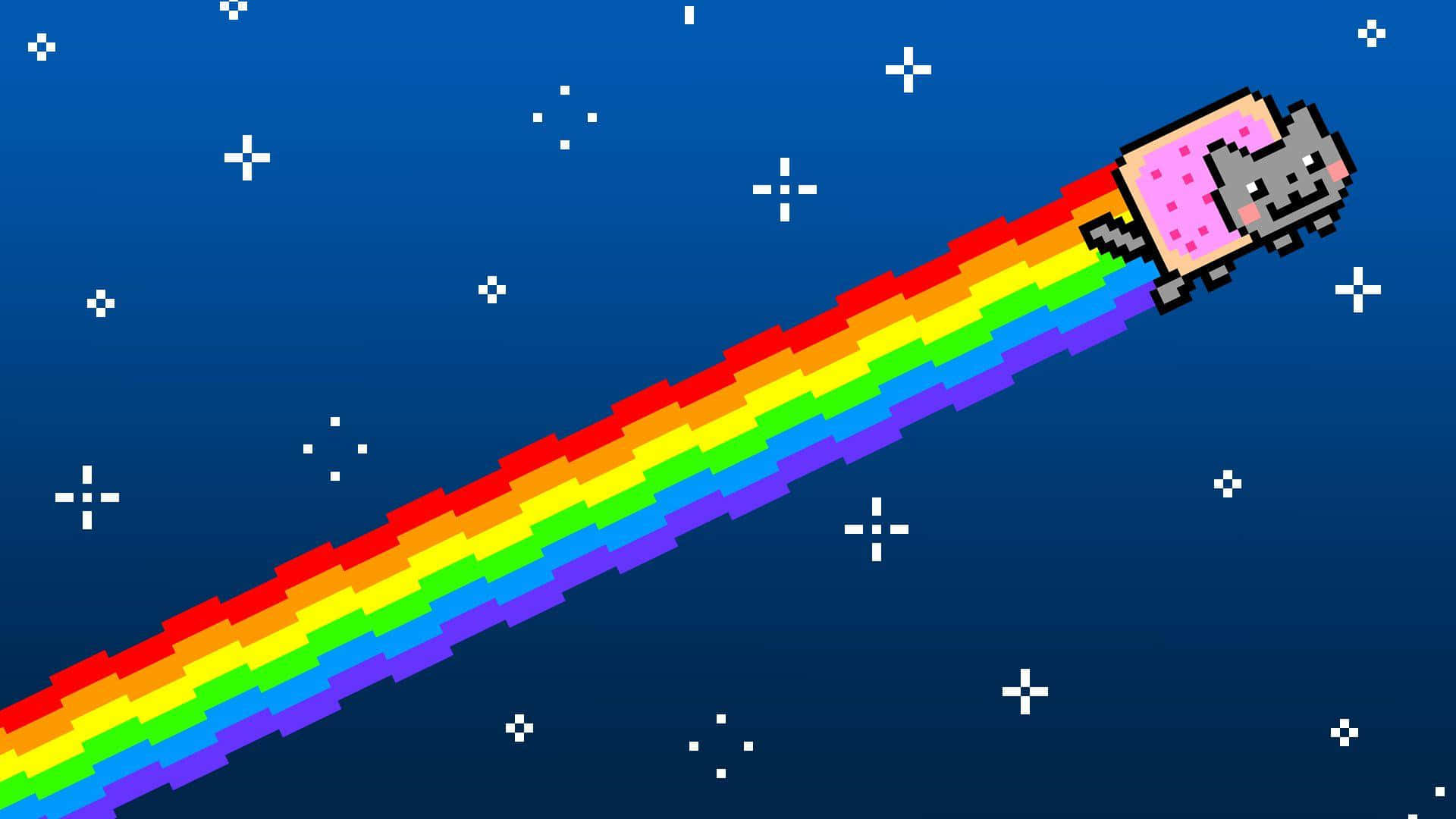 Nyan Cat 桌布 壁紙 — 一隻帶有粉紅色蝴蝶結的像素貓在繁星點點的夜空中飛馳，留下充滿活力的彩虹痕跡。