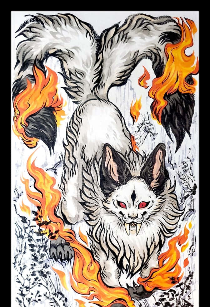 Inuyasha Nekomata 桌布 壁紙 — 一隻帶有紅色眼睛和黑色斑紋的兇猛白狐，在動態的墨水插圖中衝破火焰。