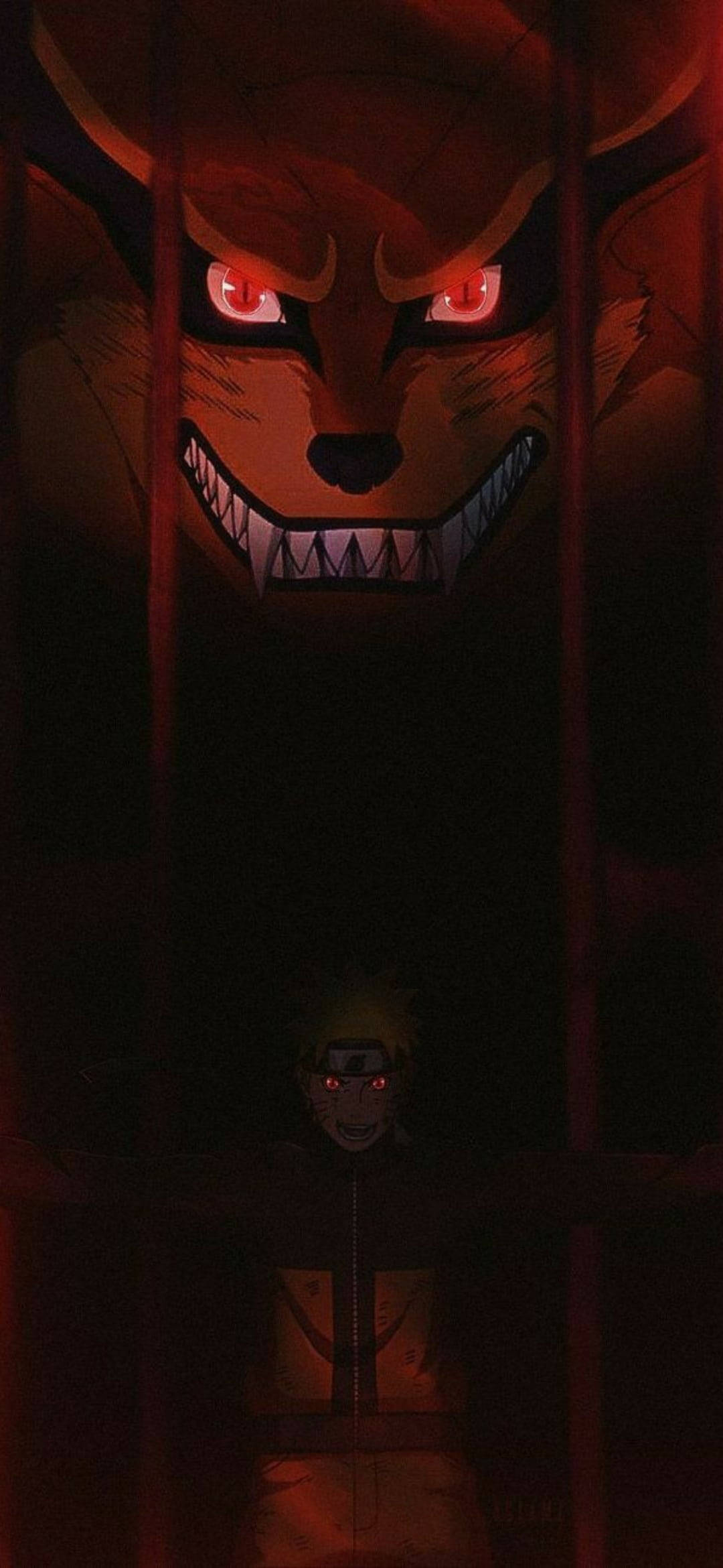 一隻巨大的狐狸惡魔，眼睛發出紅光，在鐵欄後面俯視著一個小小的忍者身影。 — 漩渦鳴人 GIF 壁紙