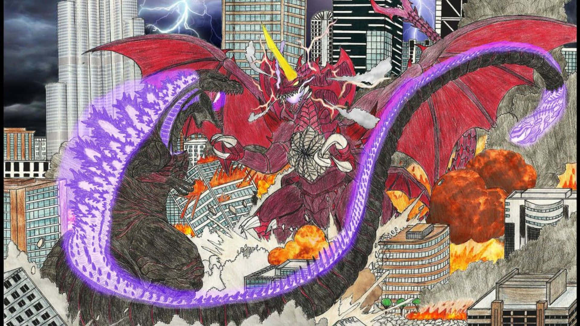 Godzilla Vs Destoroyah 桌布 壁紙 — 一隻帶有紫色能量線圈的巨大紅龍在暴風雨的天空下，於燃燒的城市景觀中與哥斯拉戰鬥。