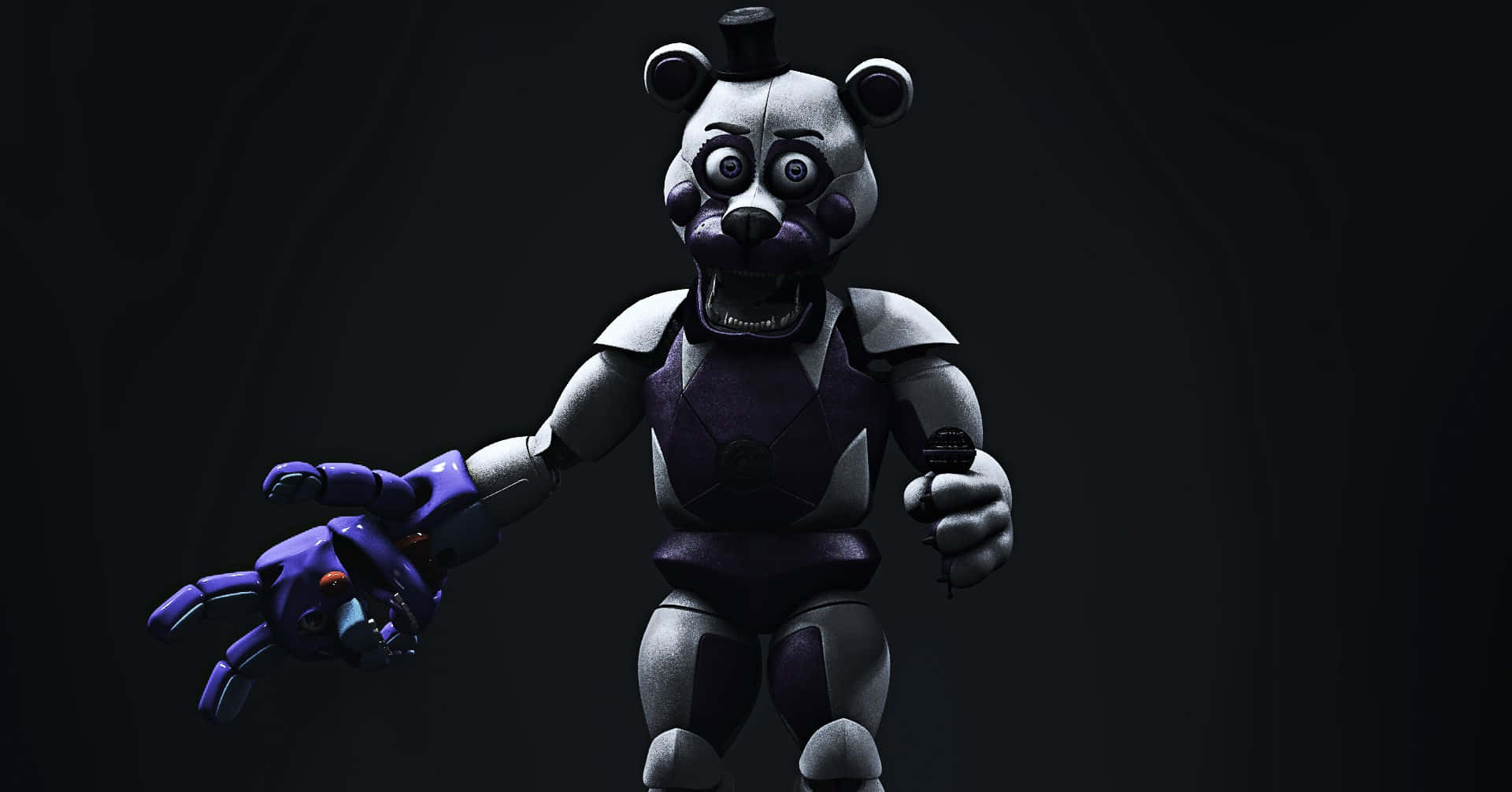 Funtime Freddy 桌布 壁紙 — 一隻帶有紫色點綴和高帽的威脅性機械熊站在黑暗背景前，一隻手是機械的並帶有爪子。