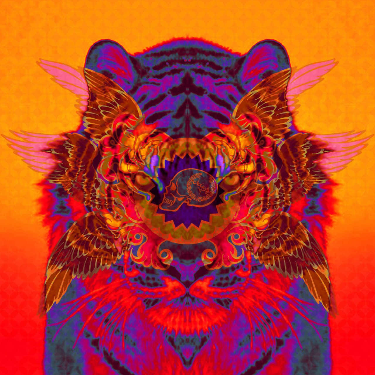 Trippy Animals 桌布 壁紙 — 一隻帶有翅膀和骷髏標誌的迷幻老虎，在熾熱的漸變背景下散發出鮮豔的橙色和紫色色調。