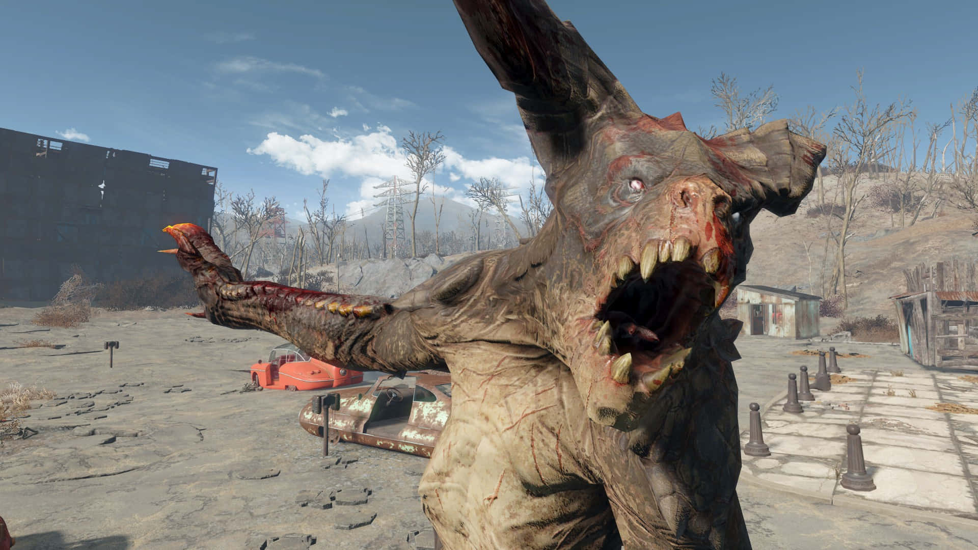 Deathclaw 桌布 壁紙 — 一隻帶有血淋淋牙齒和爪子的怪異變異兔子，在明亮的藍天下，於末日後的荒原中猛撲。