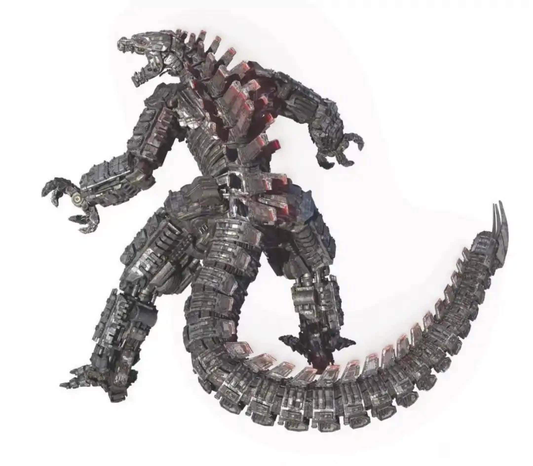 Robot Godzilla 桌布 壁紙 — 一隻帶有裝甲板和發光紅色點綴的威脅性機械怪獸，站在純白色背景前。