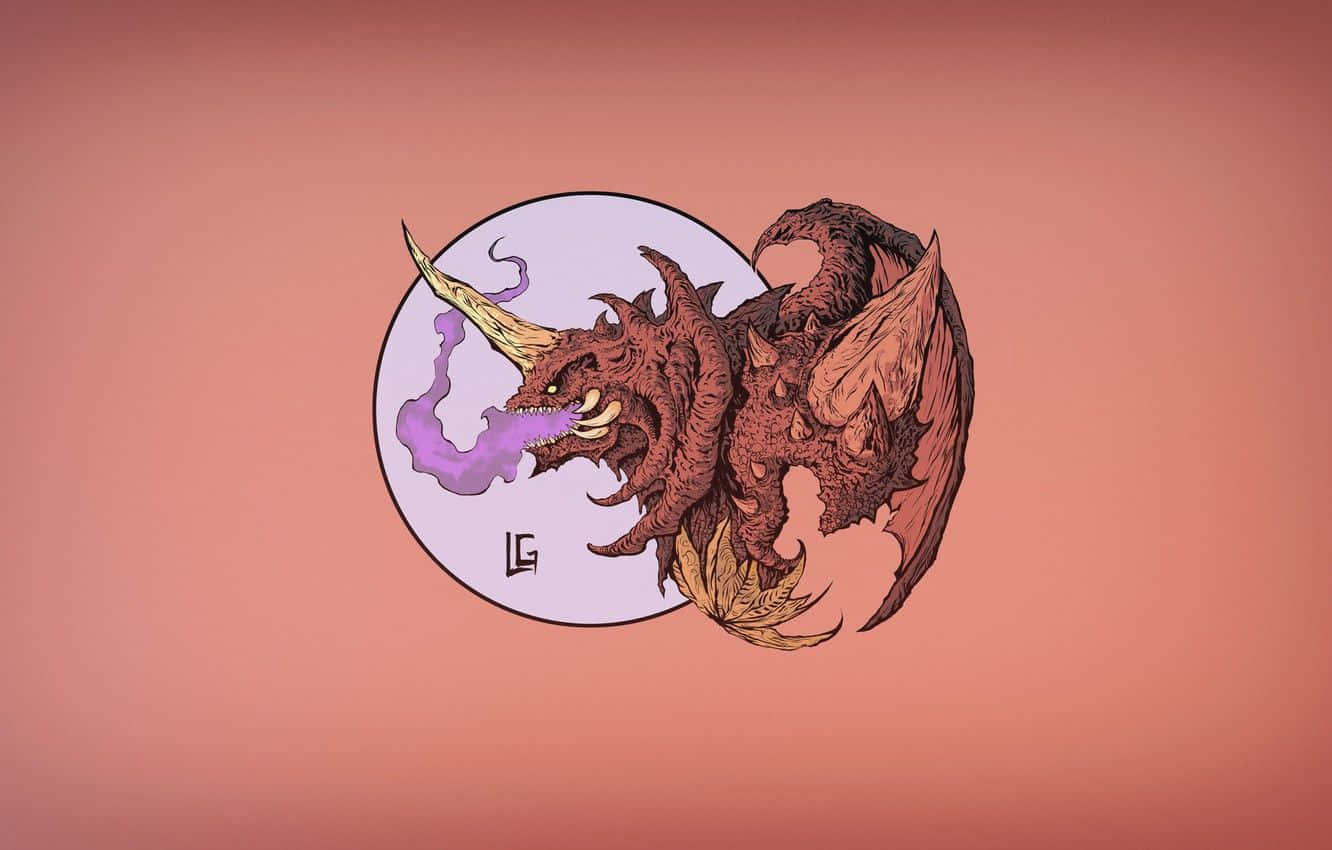 Godzilla Art 桌布 壁紙 — 一隻帶有金色角和紫色煙霧的威嚇性紅龍，對著柔和的粉紅色漸變背景猛烈地呼吸。