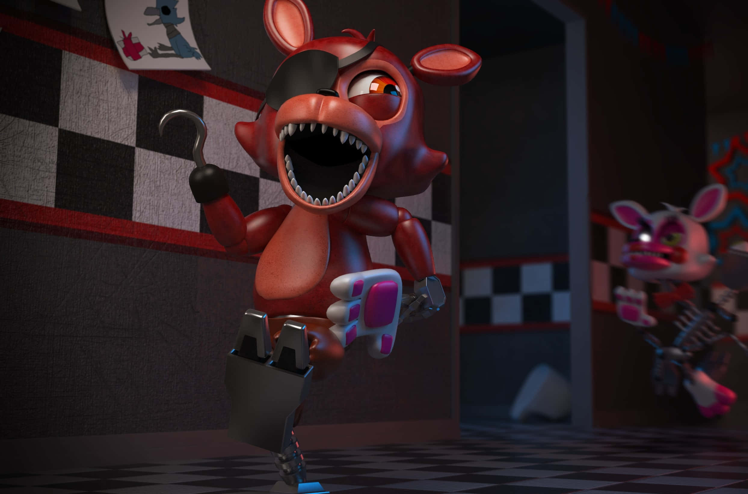 Foxy The Pirate 桌布 壁紙 — 一隻帶有鉤手和眼罩的威脅性紅色電子動畫狐狸在光線昏暗的格子房間中向前猛撲。