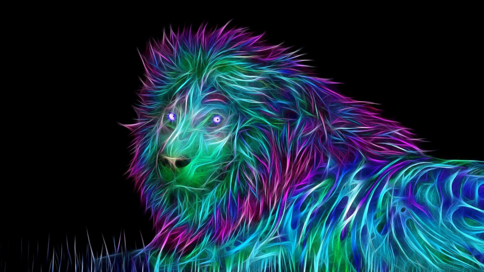 3d Animal 桌布 壁紙 — 一隻帶有電光藍、綠和紫色毛髮的霓虹色獅子在黑色背景上發光。