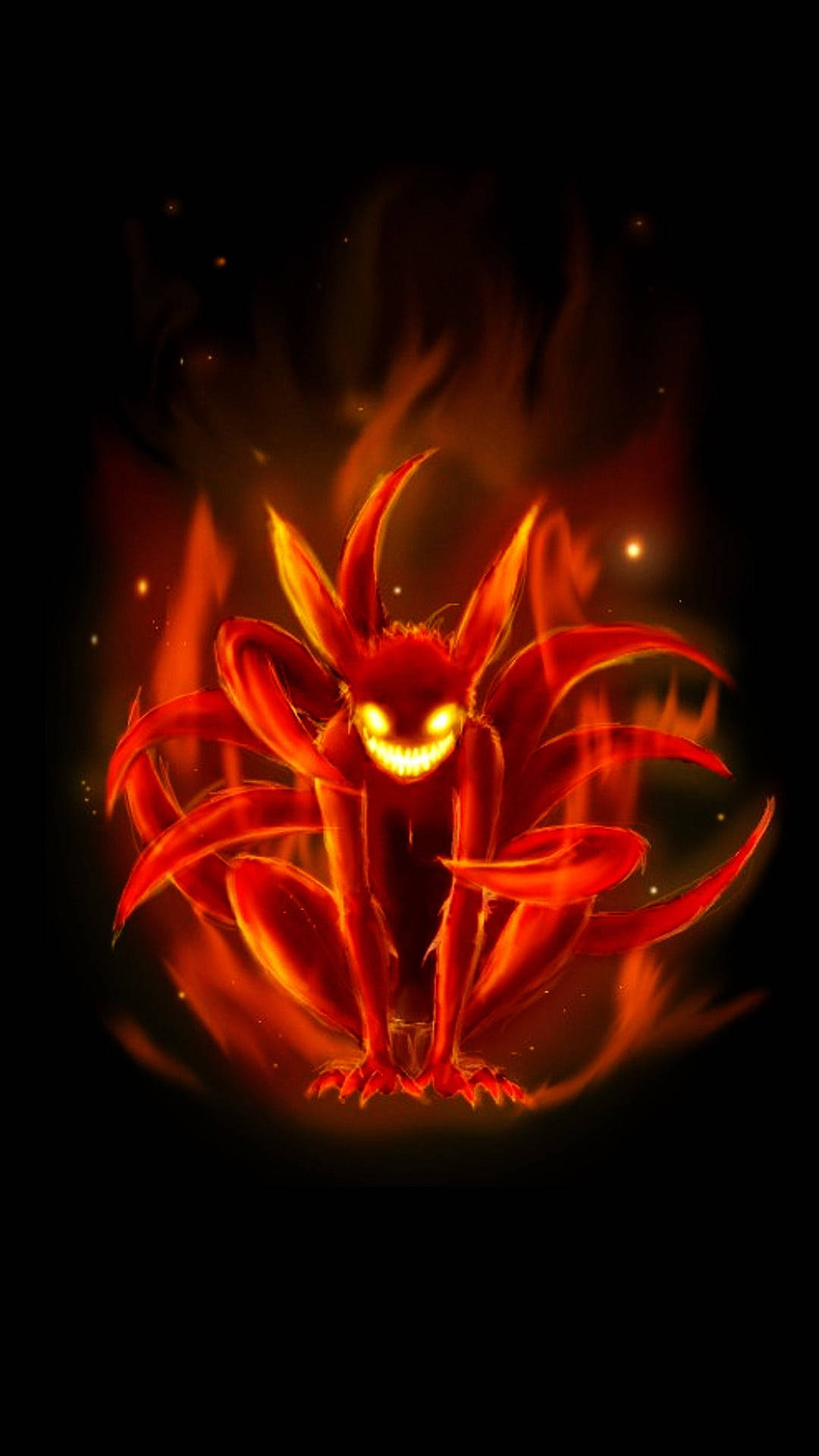 Kurama 桌布 壁紙 — 一隻帶有黃色發光眼睛和火焰光環的威脅性紅色九尾狐從黑暗中出現。