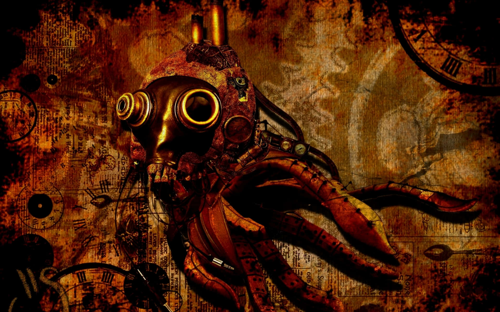Dark Steampunk 桌布 壁紙 — 一隻帶有黃銅護目鏡和發條肢體的蒸氣龐克章魚，從充滿羅馬數字和齒輪的復古羊皮紙背景中浮現。