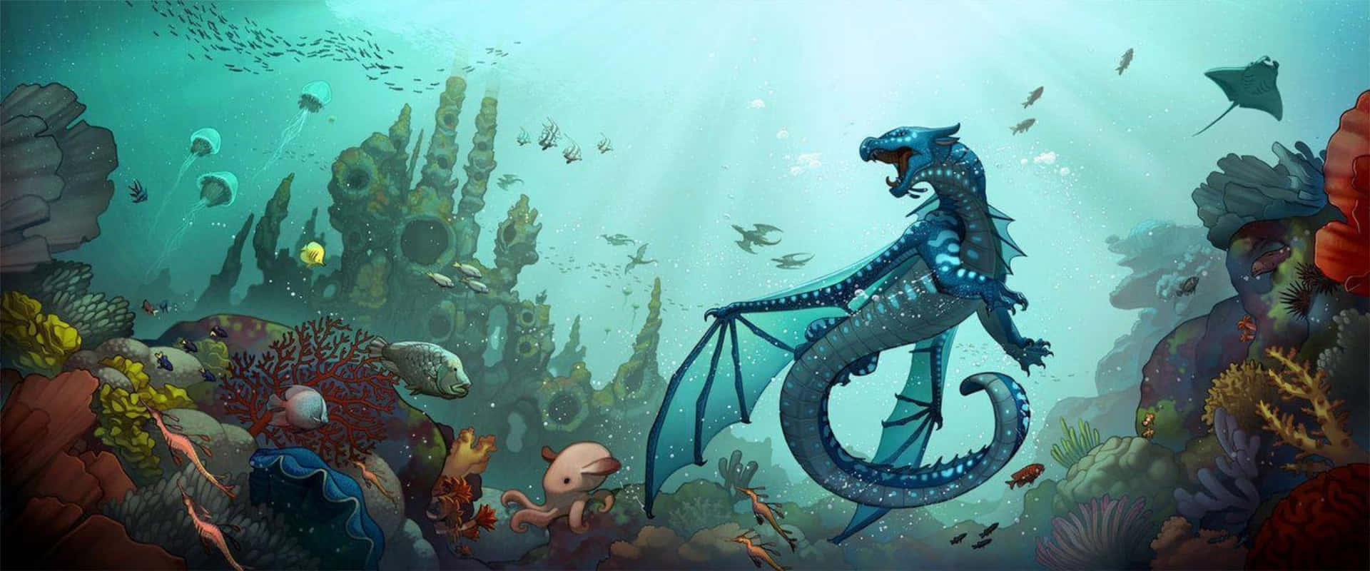 火之翼 桌布 壁紙 — 一隻帶翅膀的雄偉藍龍在充滿魚類和海洋生物的生機勃勃的珊瑚礁中滑翔。