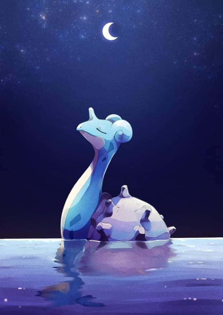 Pokemon Fan Art 桌布 壁紙 — 一隻平靜的藍色寶可夢站在水中，背景是新月和星空夜空。