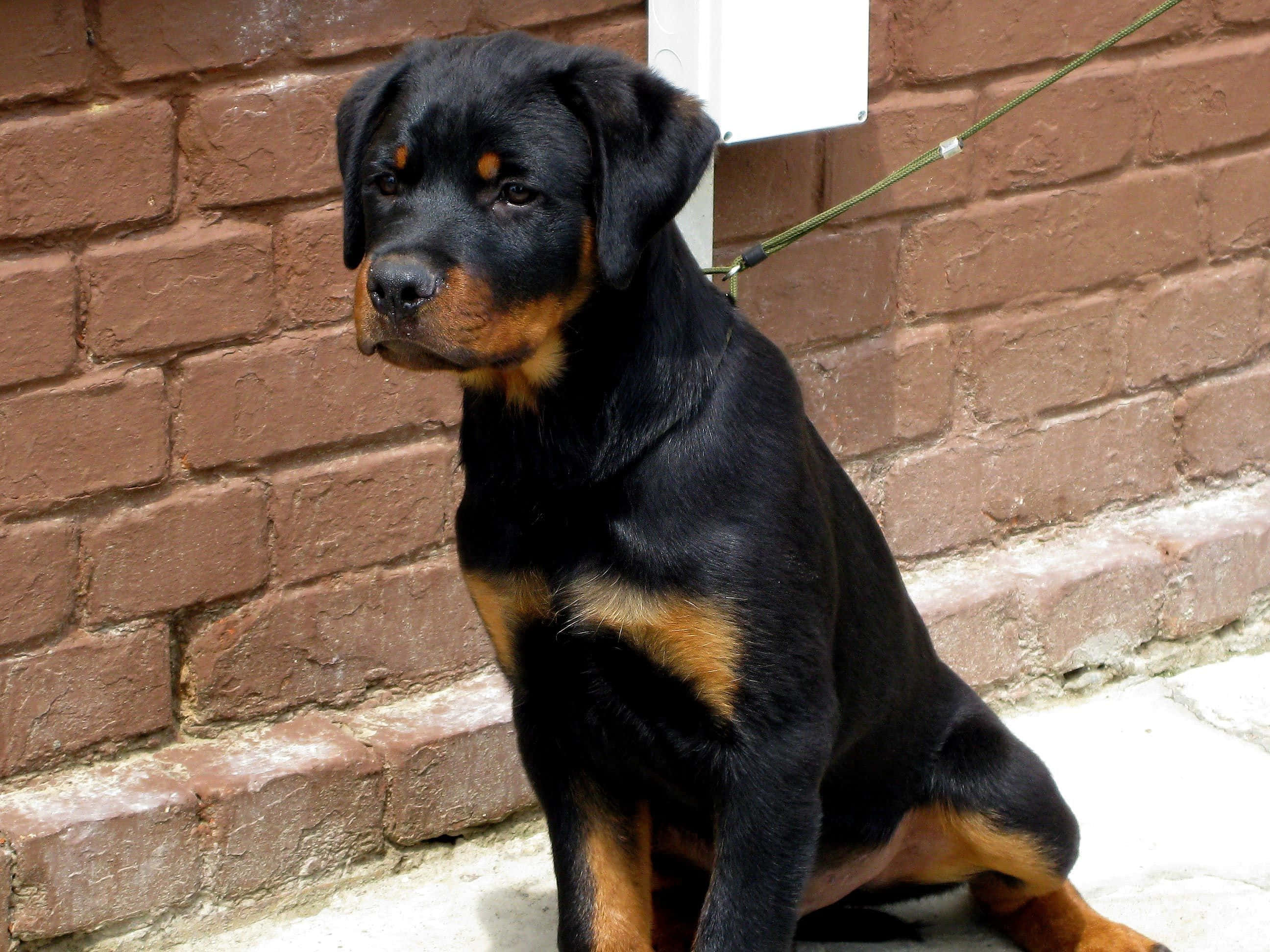 Rottweiler 桌布 壁紙 — 一隻年輕的羅威納幼犬，毛色黑褐相間，平靜地坐在行人路上，背後是風化的磚牆。