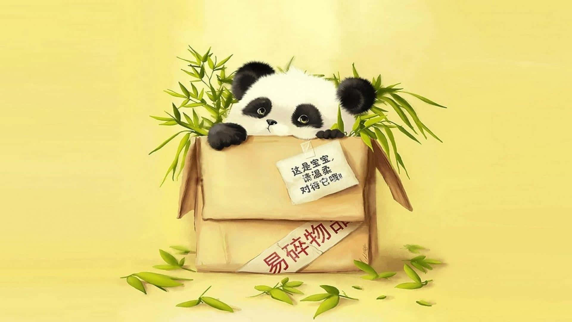 一隻幼熊可愛地蜷縮在半圓形中，旁有竹枝 壁紙 — 一隻可愛的卡通熊貓從一個標有易碎的紙箱中探出頭來，周圍是竹葉，背景是柔和的黃色。
