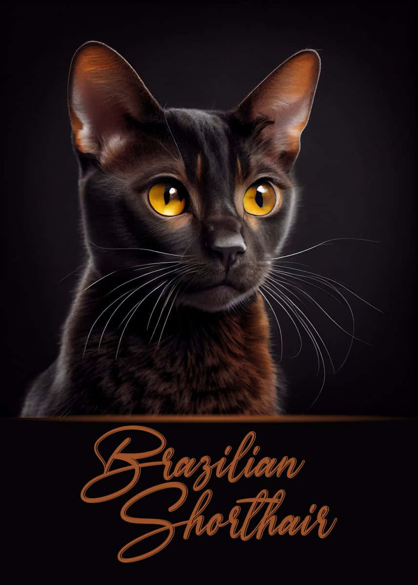 Brazilian Shorthair 桌布 壁紙 — 一隻引人注目的巴西短毛貓，擁有閃爍的琥珀色眼睛和光滑的黑色毛髮，在黑暗背景下凝視著。