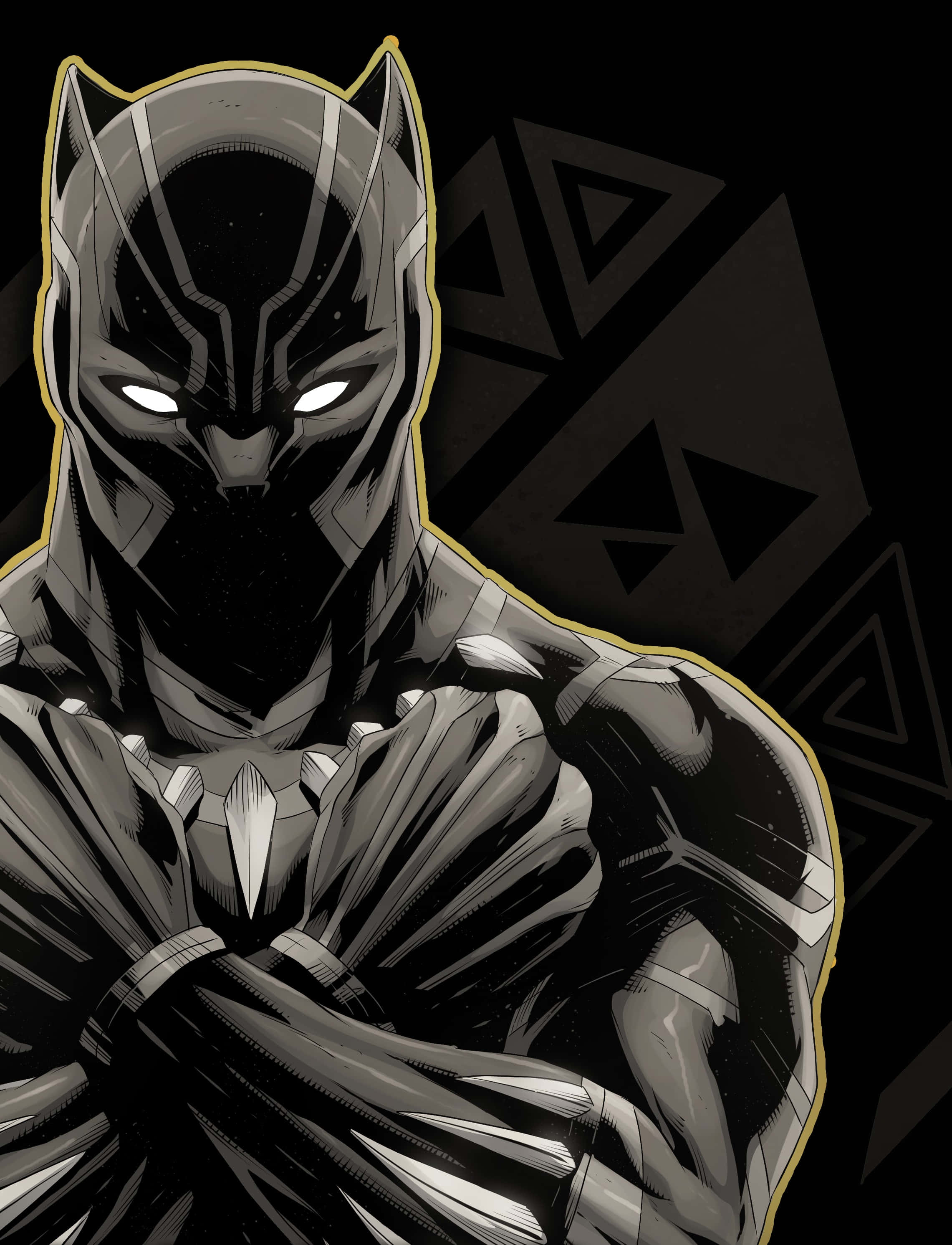 King Of Wakanda 桌布 壁紙 — 一隻強壯的黑豹交叉雙臂，以大膽的黑白動漫風格站在幾何圖案背景前。