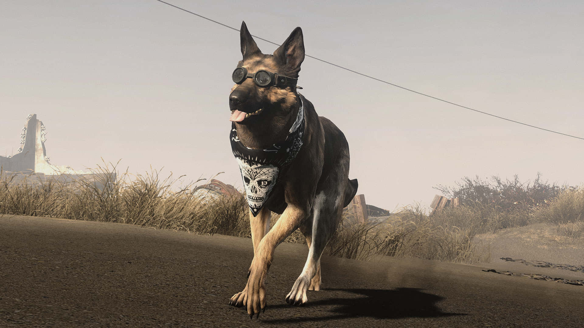 Fallout 4 Dogmeat 桌布 壁紙 — 一隻德國牧羊犬戴著護目鏡和骷髏頭巾，在後世界末日的荒原上跑過一條塵土飛揚的道路。