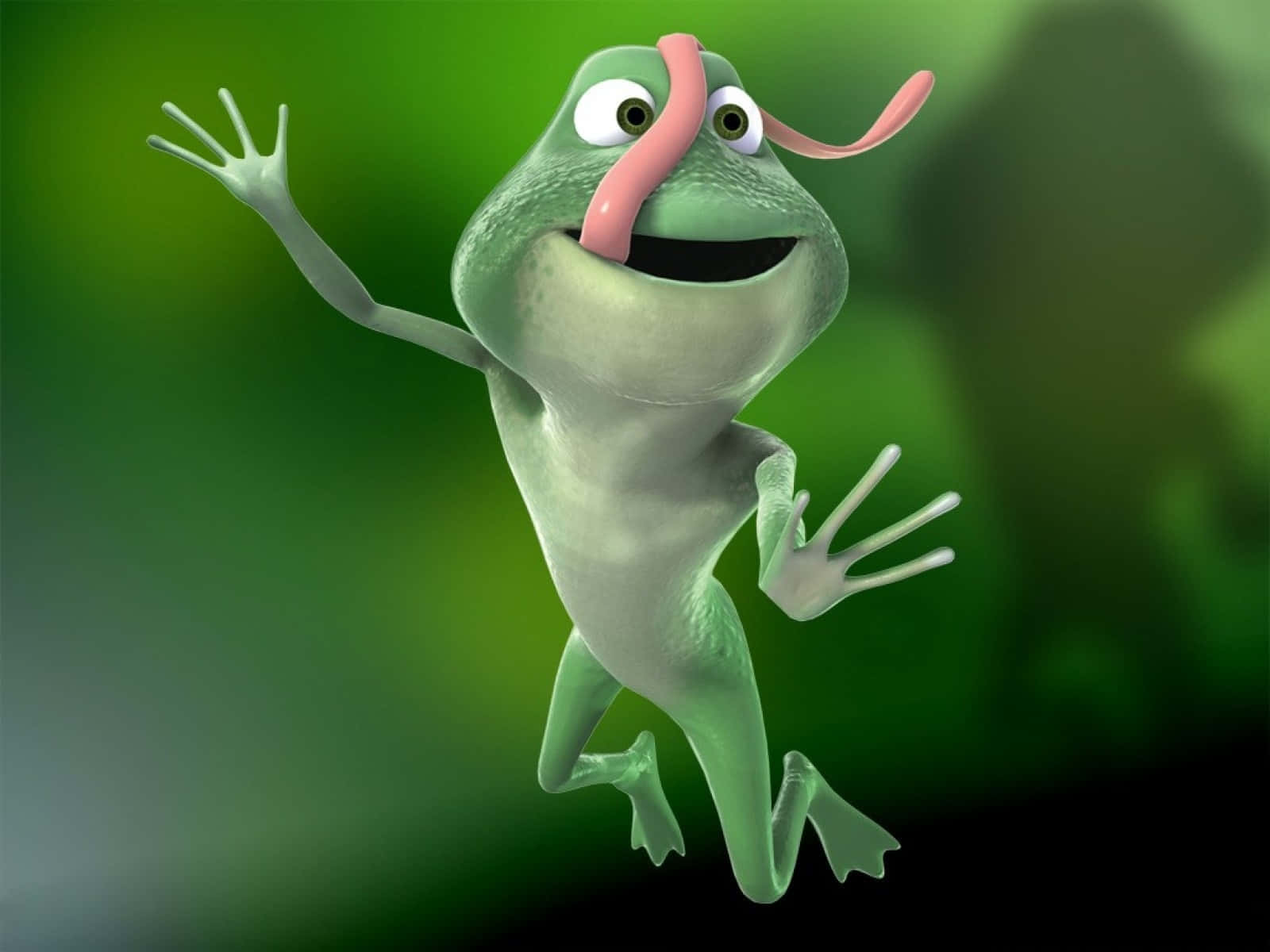 Cute Frog 桌布 壁紙 — 一隻快樂的3D渲染綠色青蛙，長長的粉紅色舌頭，在柔和的綠色模糊背景上歡快地跳躍。