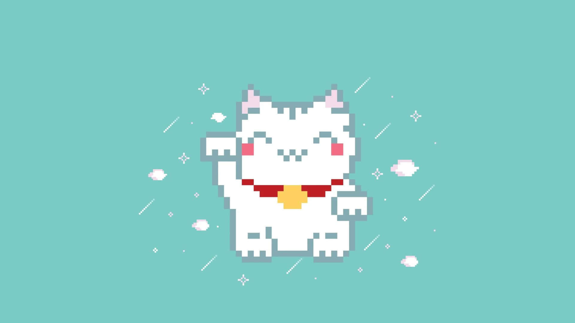 Kawaii Art 桌布 壁紙 — 一隻快樂的像素化白貓，戴著紅色項圈和金色鈴鐺，在帶有漂浮閃光的青綠色背景上開心地揮手。