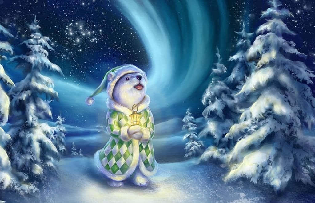 Vintage Christmas 桌布 壁紙 — 一隻快樂的北極熊穿著綠色菱形圖案的外套和帽子，在白雪覆蓋的松樹上方旋轉的北極光下提著燈籠。