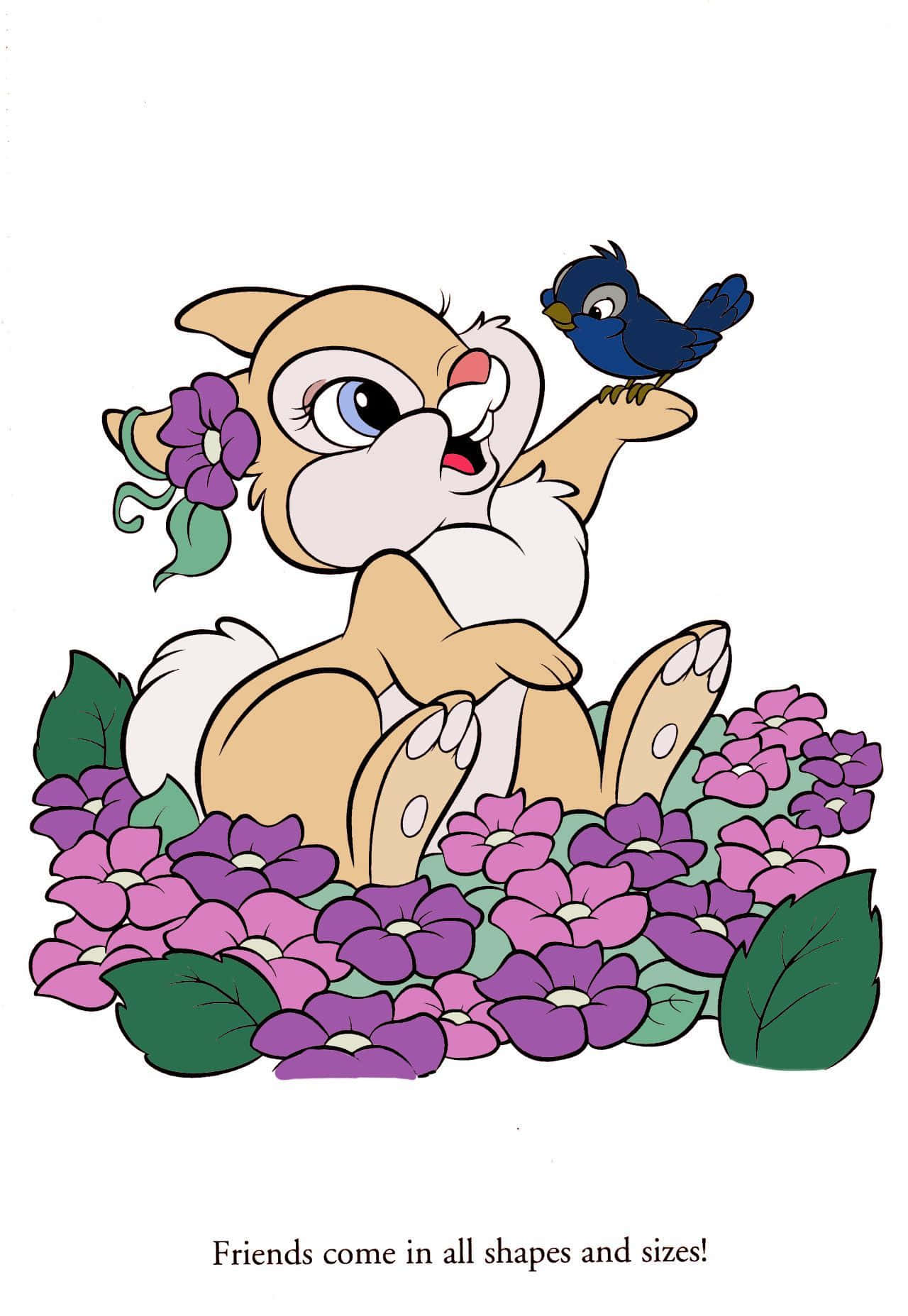 Miss Rabbit 桌布 壁紙 — 一隻快樂的卡通兔仔，耳朵上戴著一朵紫色花，開心地坐在紫色花朵中，有一隻藍色小鳥停在其爪子上。