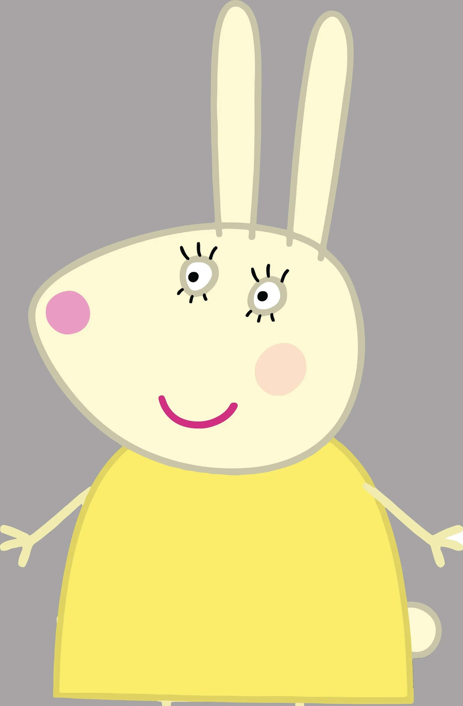 Rebecca Rabbit 桌布 壁紙 — 一隻快樂的卡通兔仔，長耳朵，穿著黃色連衣裙，在純灰色背景上微笑。