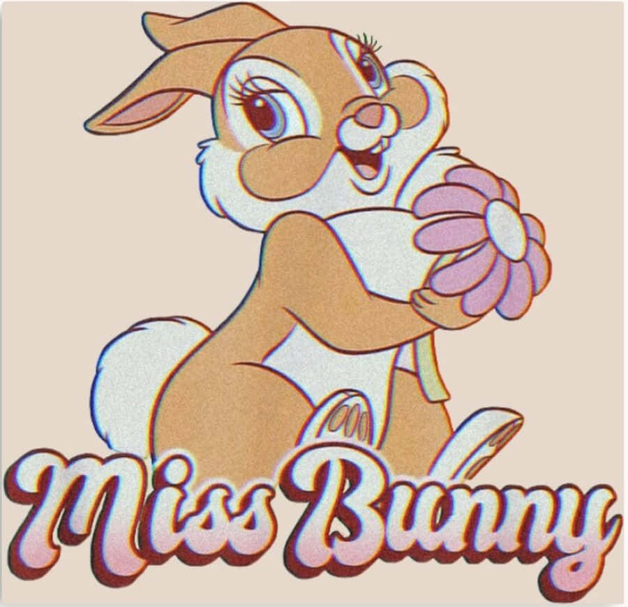Miss Rabbit 桌布 壁紙 — 一隻快樂的卡通兔仔有大眼睛，喺泡泡字體嘅「Miss Bunny」文字下面揸住一朵粉紅色花。