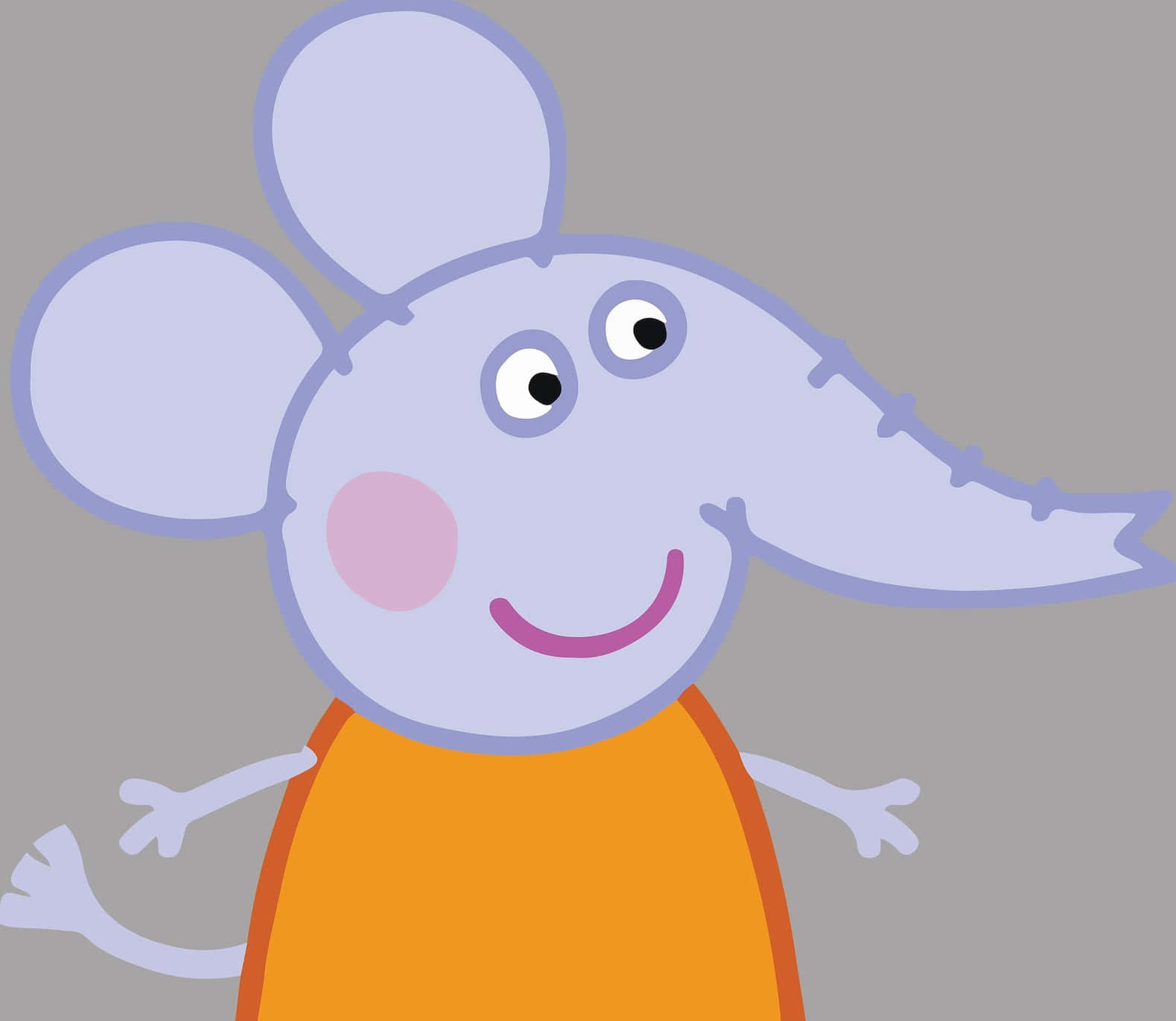 Emily Elephant 桌布 壁紙 — 一隻快樂的卡通大象，有大耳朵和粉紅色的臉頰，在純灰色背景上溫暖地微笑。