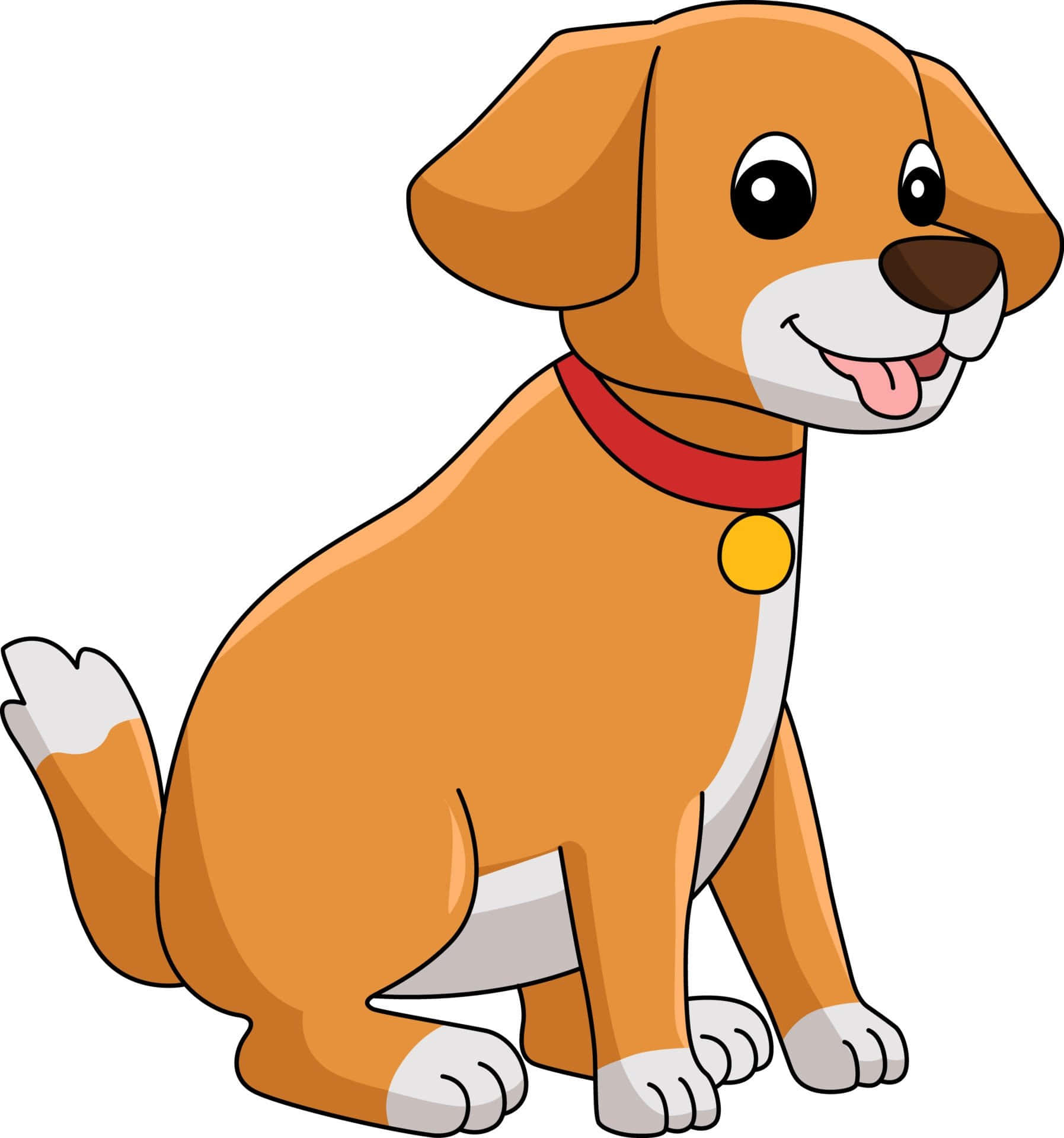 Clipart 桌布 壁紙 — 一隻快樂的卡通小狗，耳朵下垂，戴著紅色項圈和金色標籤，微笑地坐著。