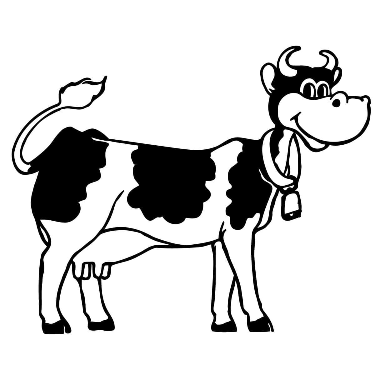 Kawaii Cute Cow 桌布 壁紙 — 一隻快樂的卡通牛，身上有黑色斑點和一個鈴鐺，側面微笑站在純白色背景前。
