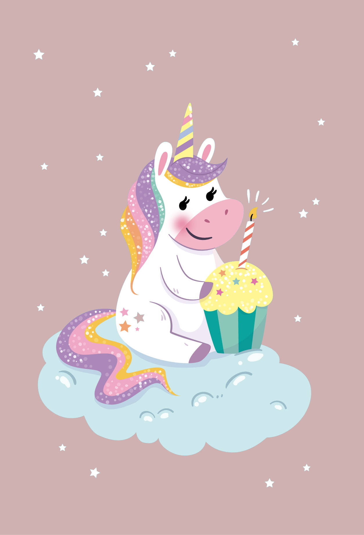 Birthday 桌布 壁紙 — 一隻快樂的卡通獨角獸，帶有彩虹角，坐在雲上，拿著一個插著點燃蠟燭的杯子蛋糕，周圍環繞著星星。