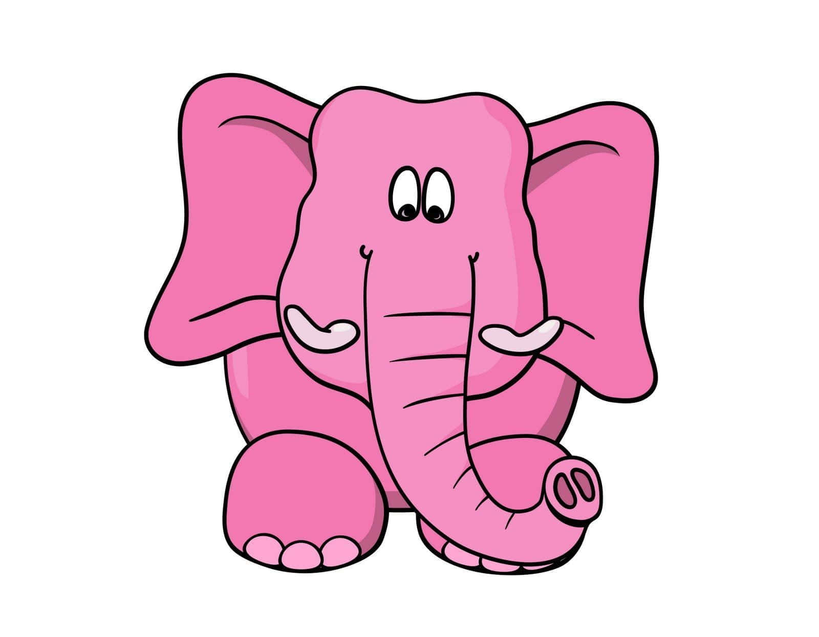 Kawaii Elephant 桌布 壁紙 — 一隻快樂的卡通粉紅色大象，有大耳朵和彎曲的象鼻，站在純白色背景前。