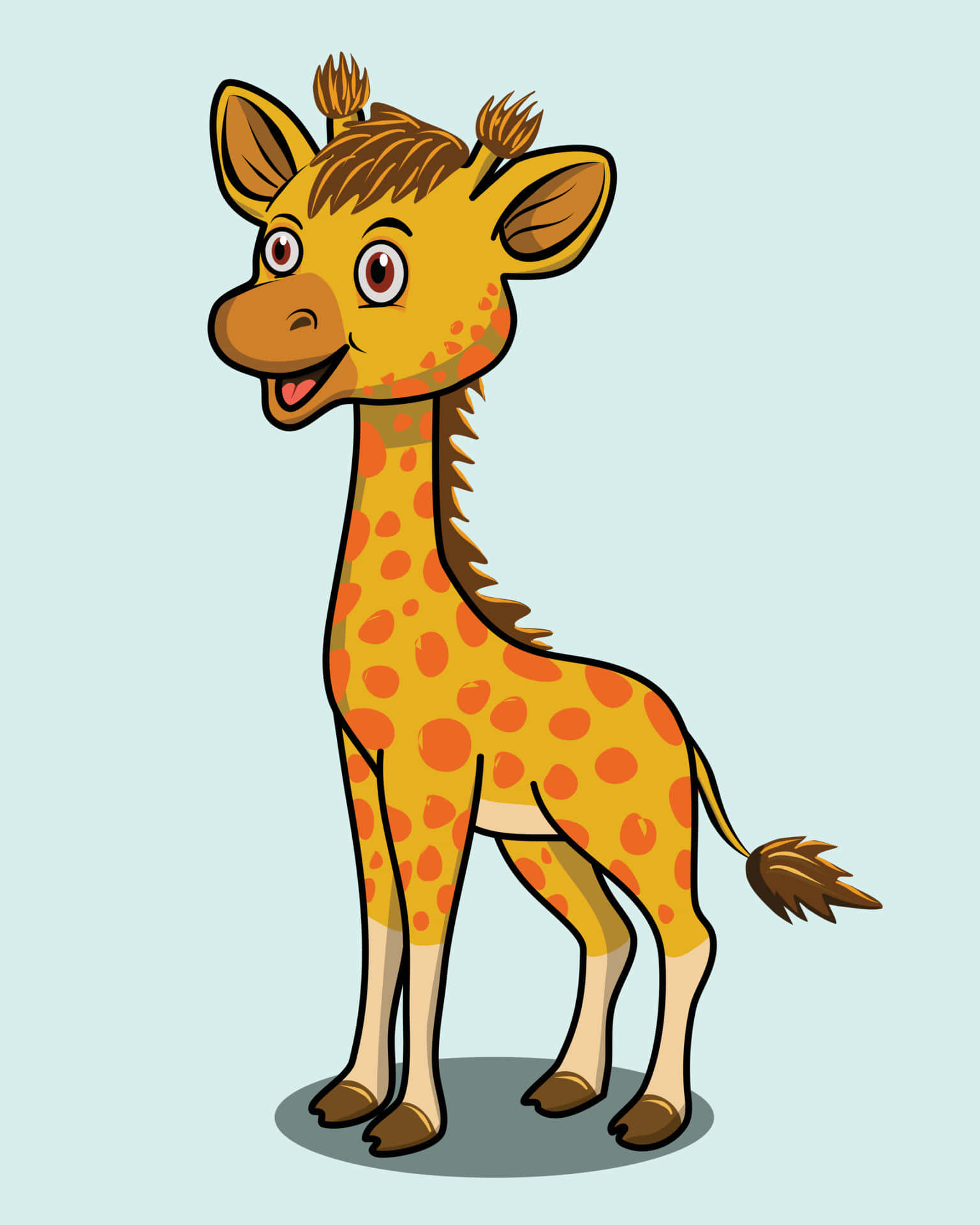 Kawaii Giraffe 桌布 壁紙 — 一隻快樂的卡通長頸鹿，帶有橙色斑點和開心的表情，站在淺藍色背景前。