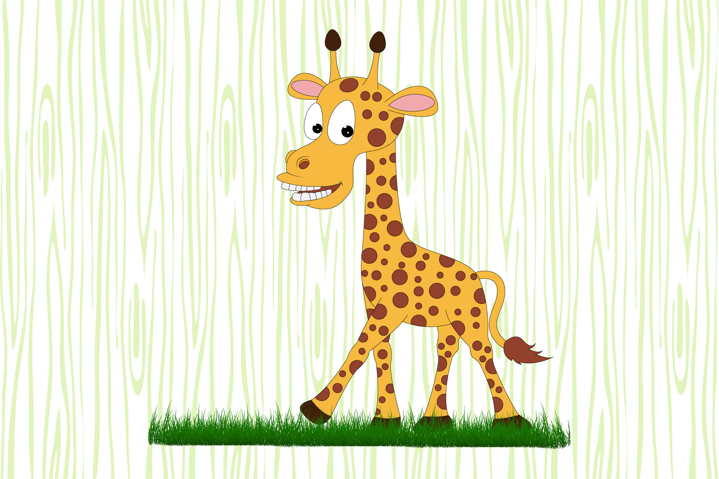 Kawaii Giraffe 桌布 壁紙 — 一隻快樂的卡通長頸鹿，有大眼睛和露齒笑容，站在綠色草地上，背景是淺綠色木紋。