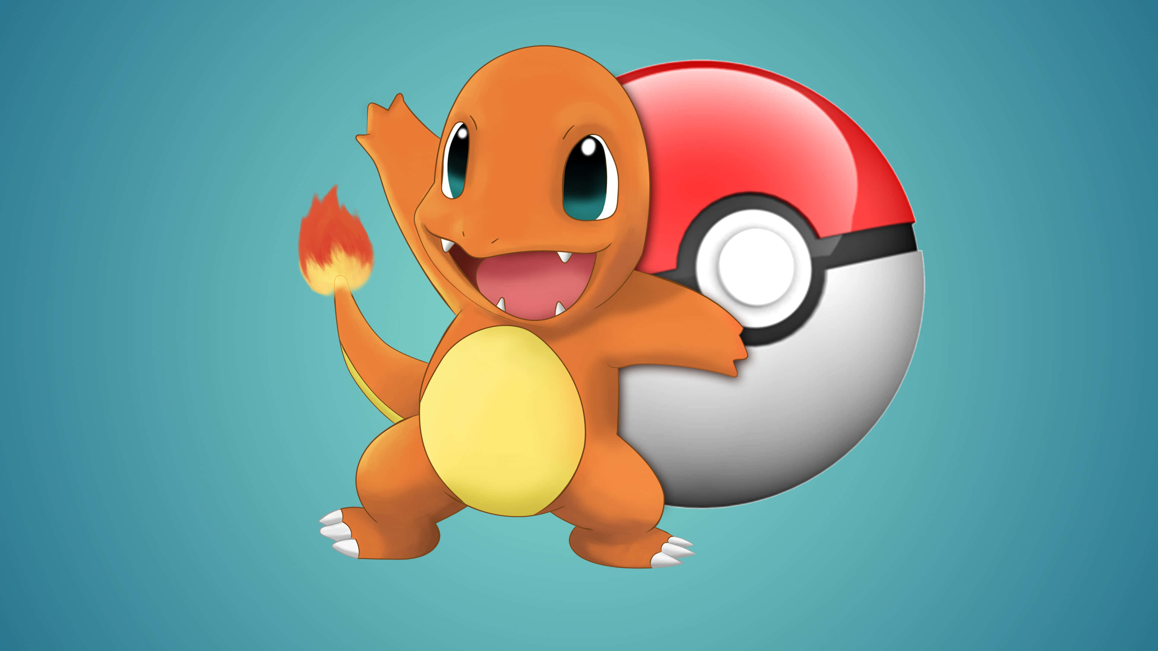Pokemon Posters 桌布 壁紙 — 一隻快樂的橙色小火龍，尾巴帶有火焰，站在紅白色的精靈球旁邊，背景是青綠色。
