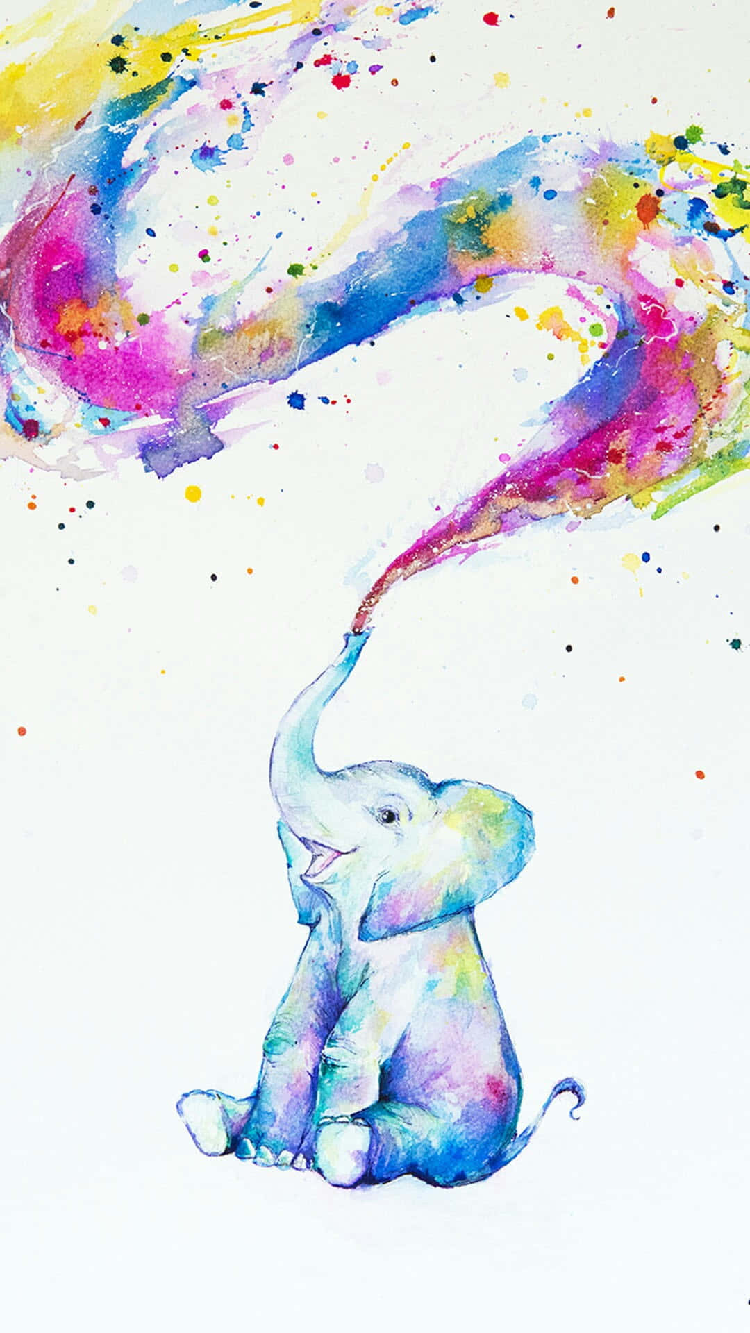 Kawaii Elephant 桌布 壁紙 — 一隻快樂的水彩大象在白色背景上噴灑出鮮豔的彩虹顏料。
