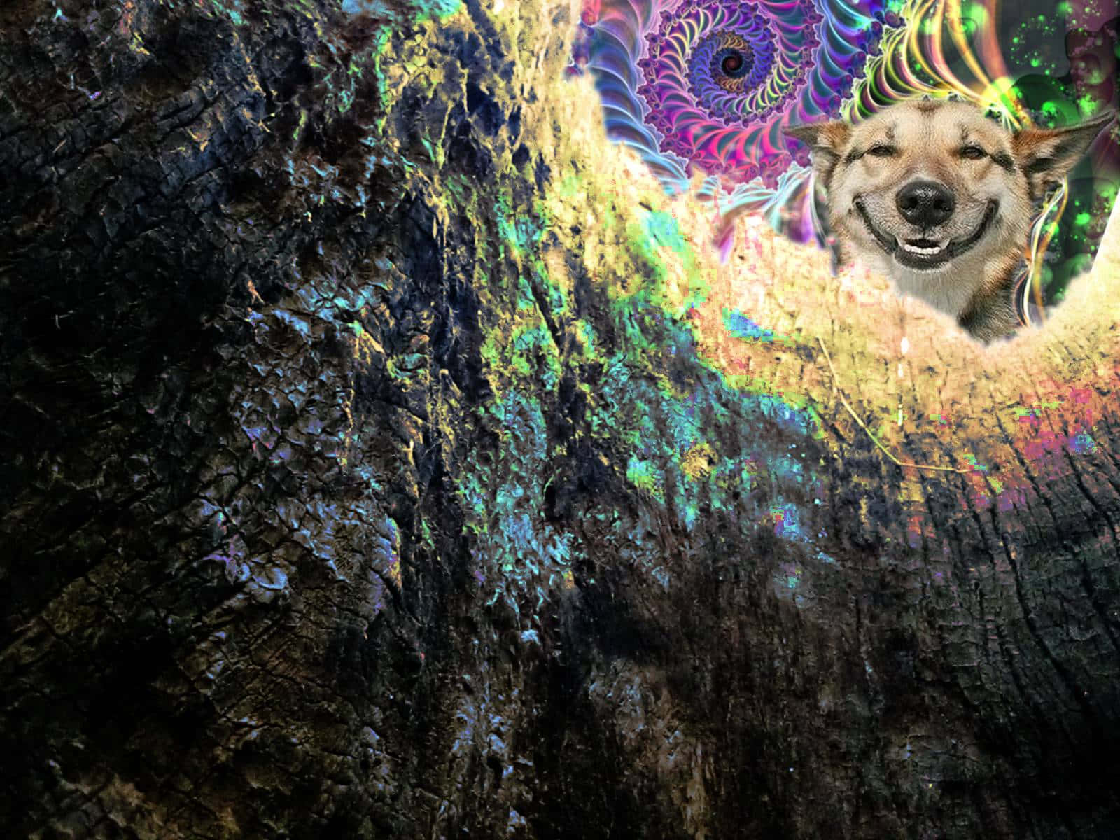 迷幻 桌布 壁紙 — 一隻快樂的狗從樹幹中探出頭來，周圍環繞著充滿活力的迷幻分形圖案和發光的色彩。