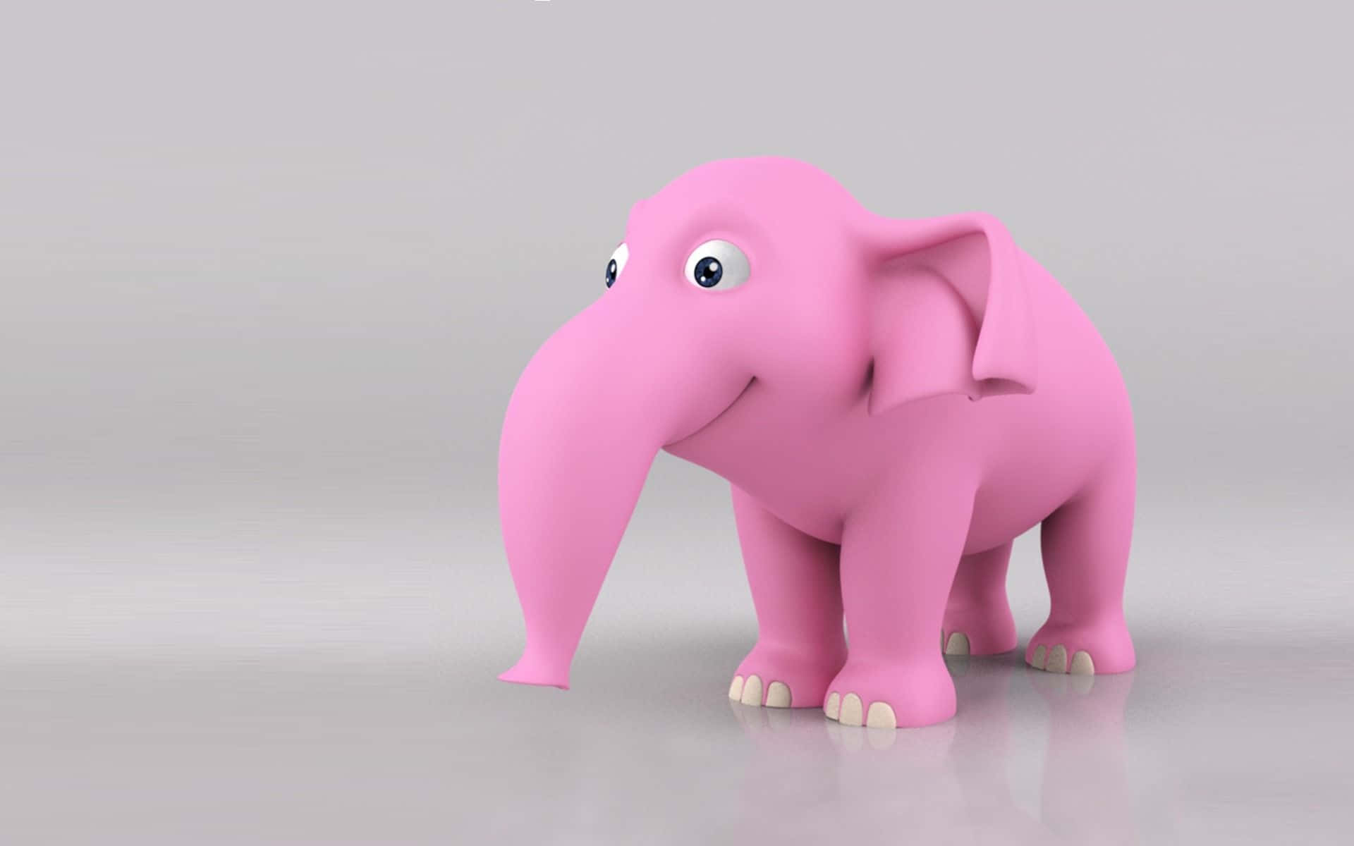 Pink Elephant 桌布 壁紙 — 一隻快樂的粉紅色卡通大象，有大眼睛，站在反射性灰色地板上，背景是柔和的灰色。