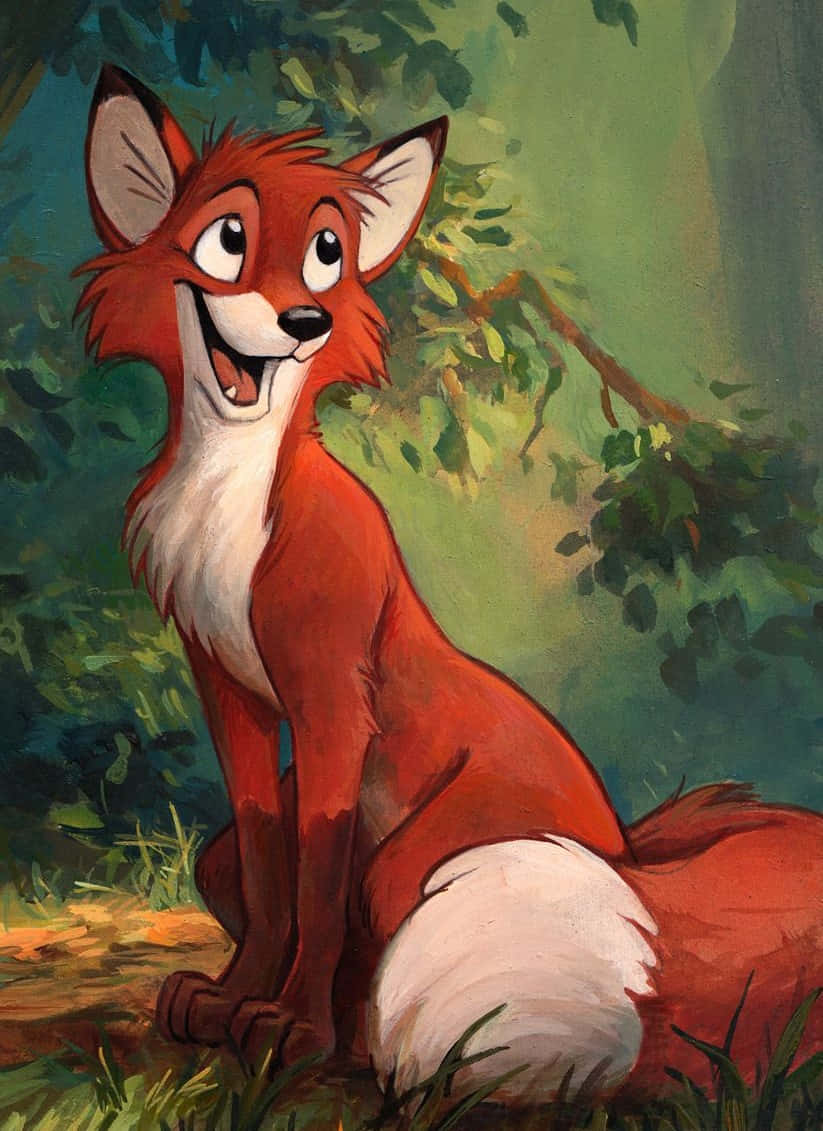 the fox and the hound 桌布 壁紙 — 一隻快樂的紅狐，尾巴尖端白色，坐在陽光普照的森林空地，咧嘴大笑，眼睛明亮。
