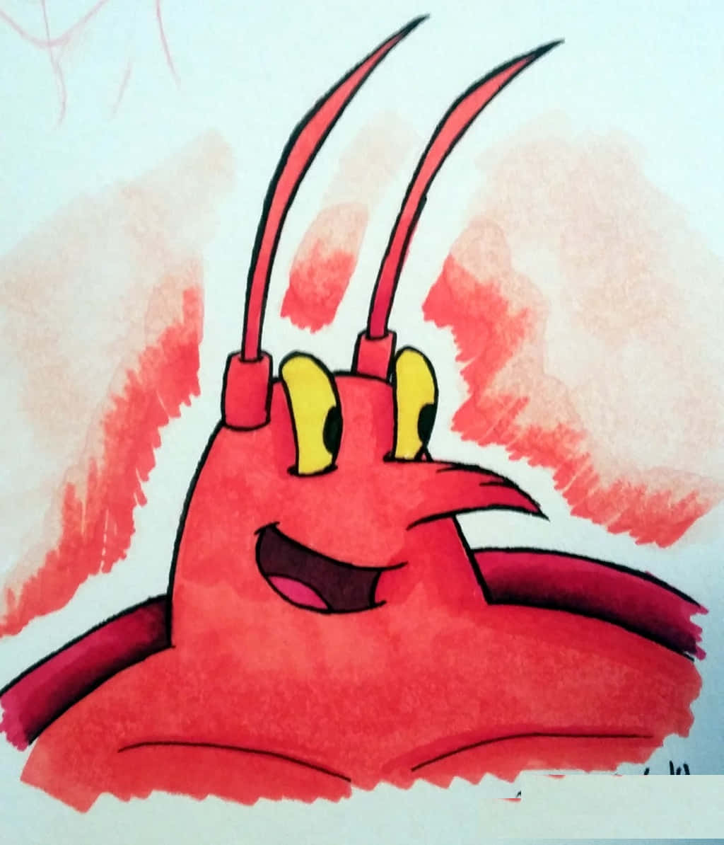 Larry The Lobster 桌布 壁紙 — 一隻快樂的紅色卡通龍蝦，黃色眼睛，在柔和的水彩背景上燦爛地微笑。