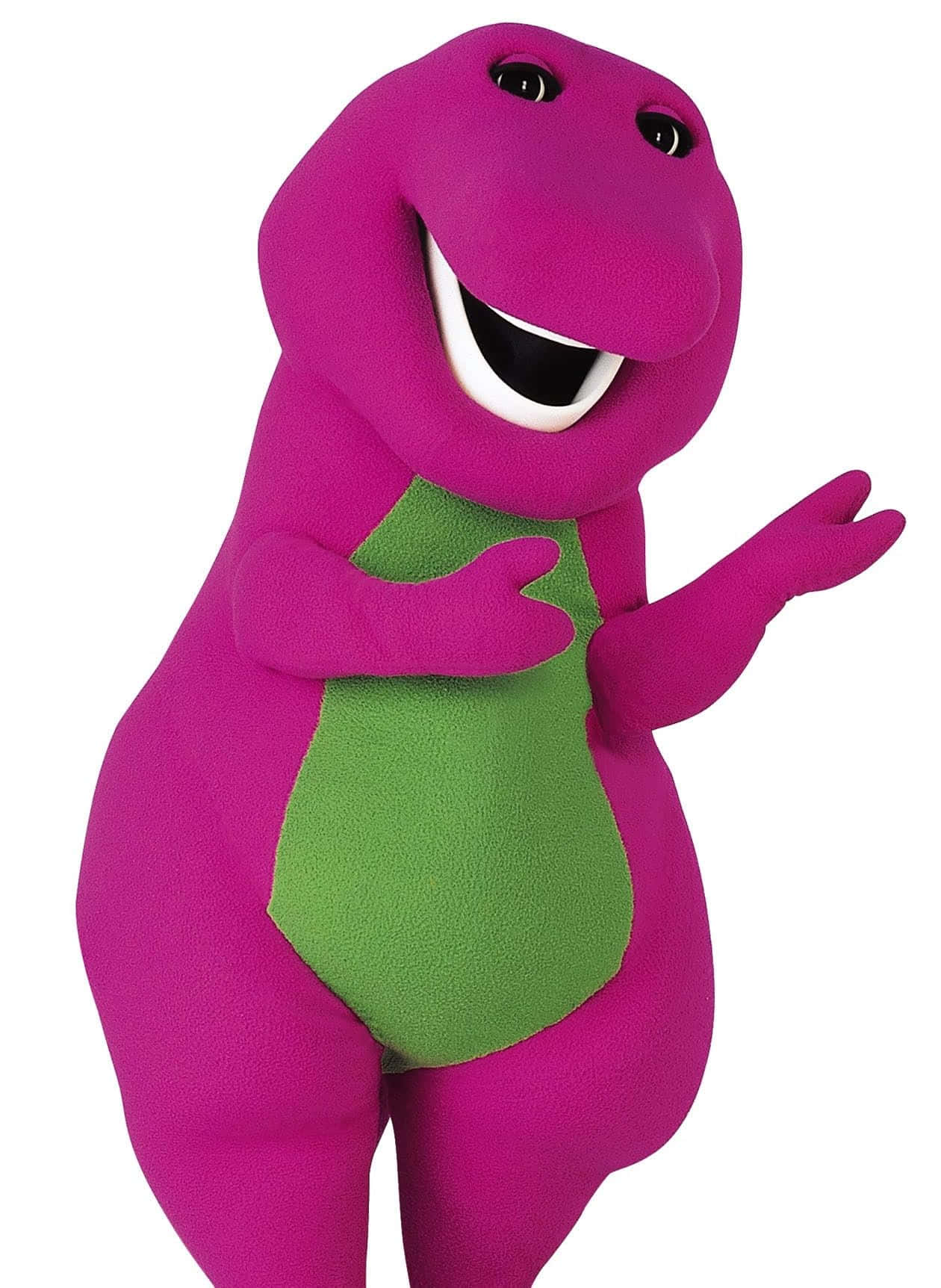 barney 桌布 壁紙 — 一隻快樂的紫色恐龍，有綠色肚子，在純白色背景前咧嘴大笑並用雙手做手勢。